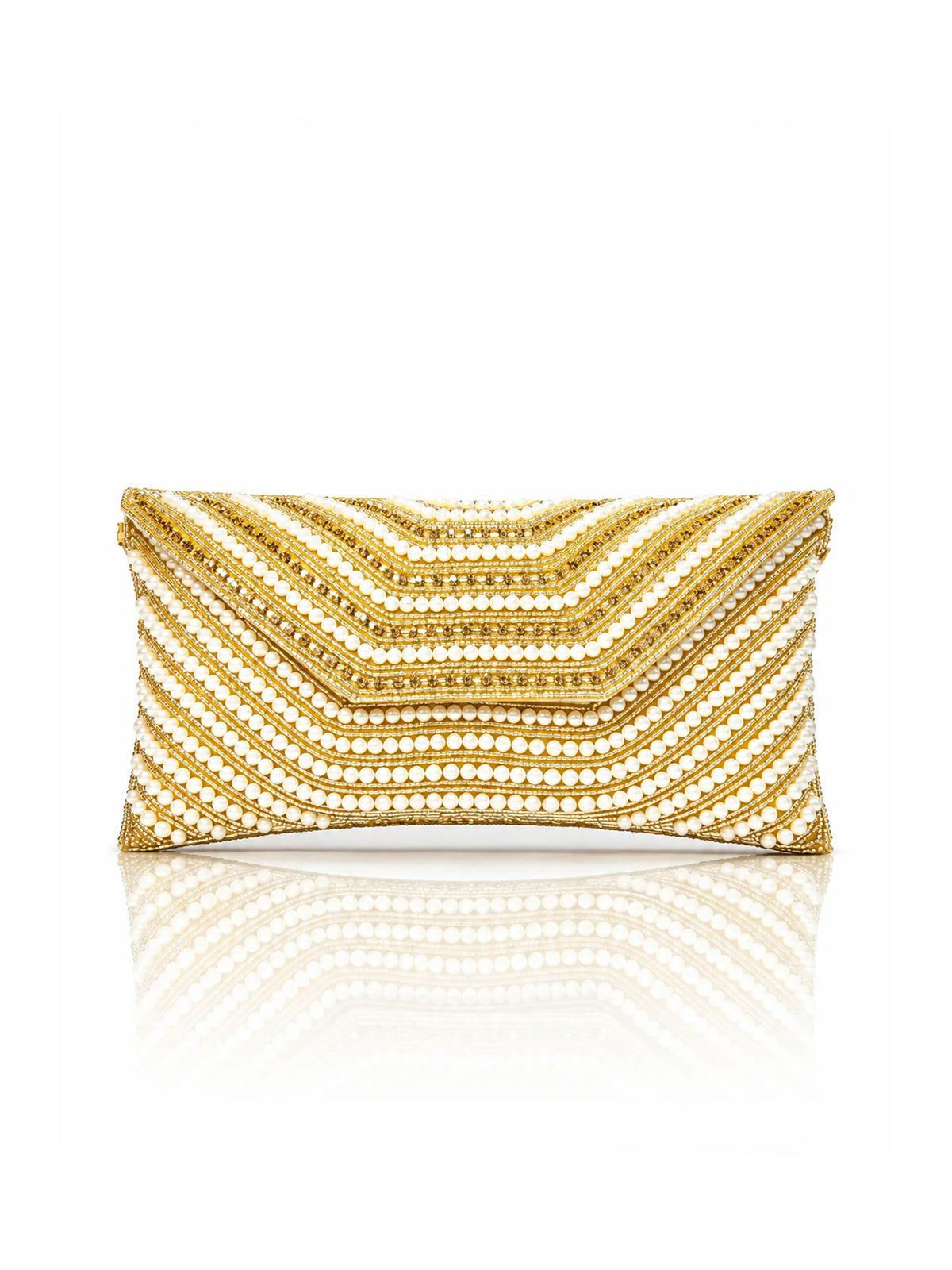 Beaded Pearl Clutch Bag – Gold Chevron