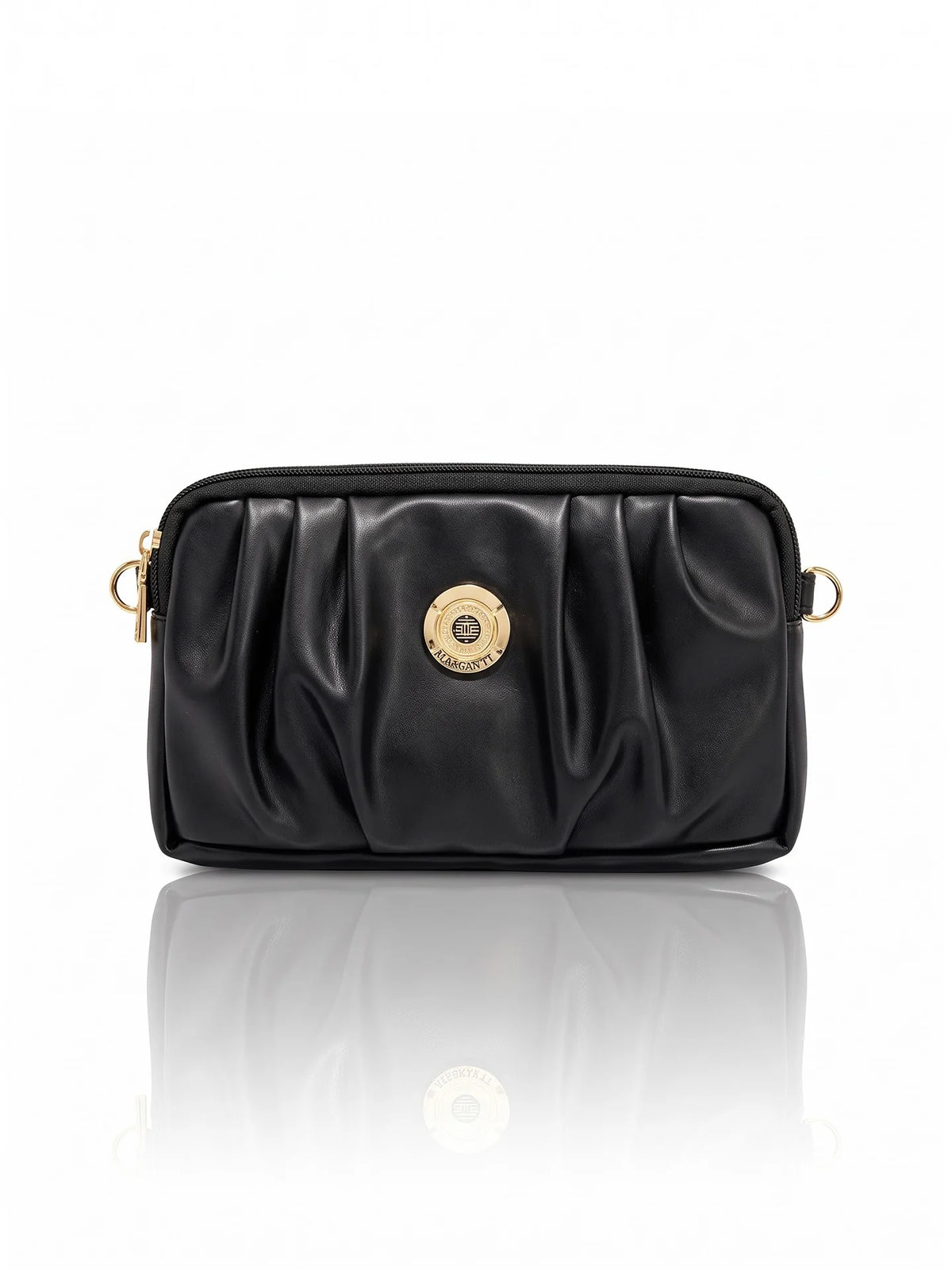 Pleated PU Leather Crossbody Bag - Black