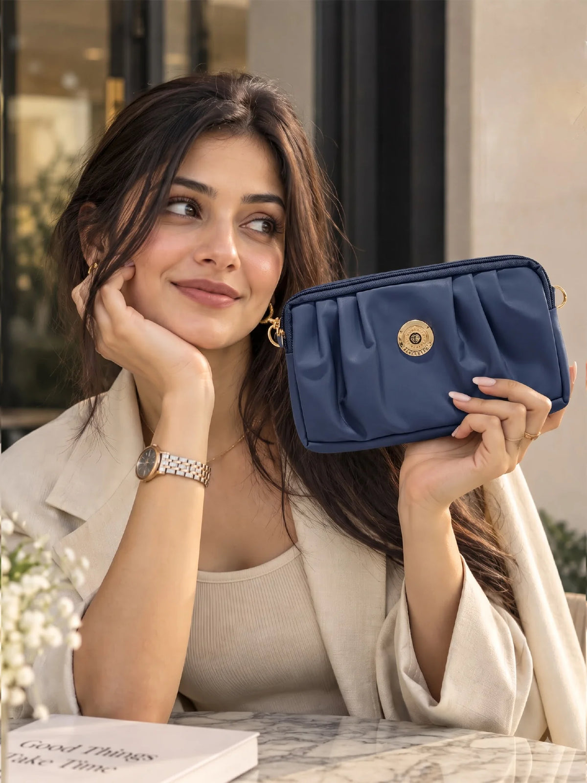 Pleated PU Leather Crossbody Bag - Navy Blue