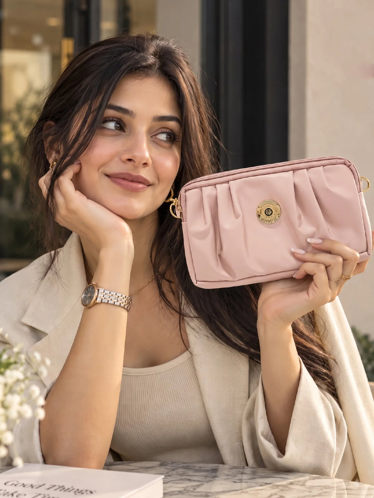 Pleated PU Leather Crossbody Bag - Baby Pink