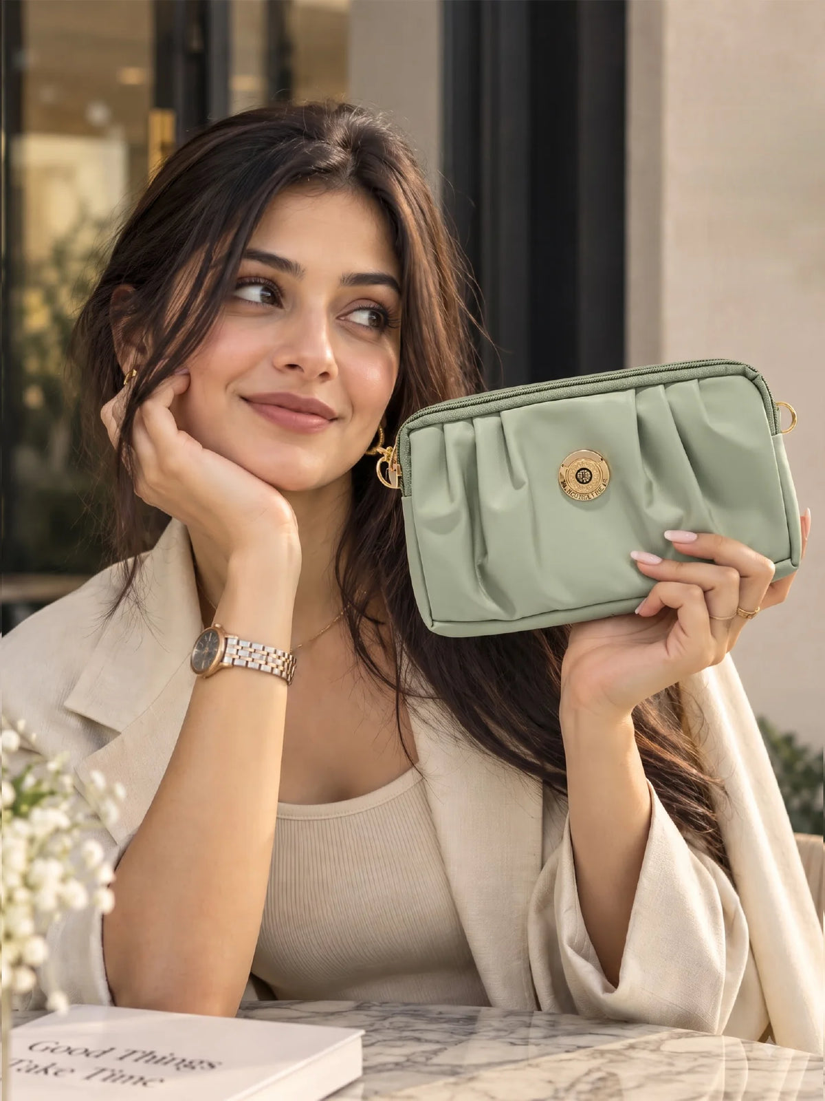 Pleated PU Leather Crossbody Bag - Light Sage Green