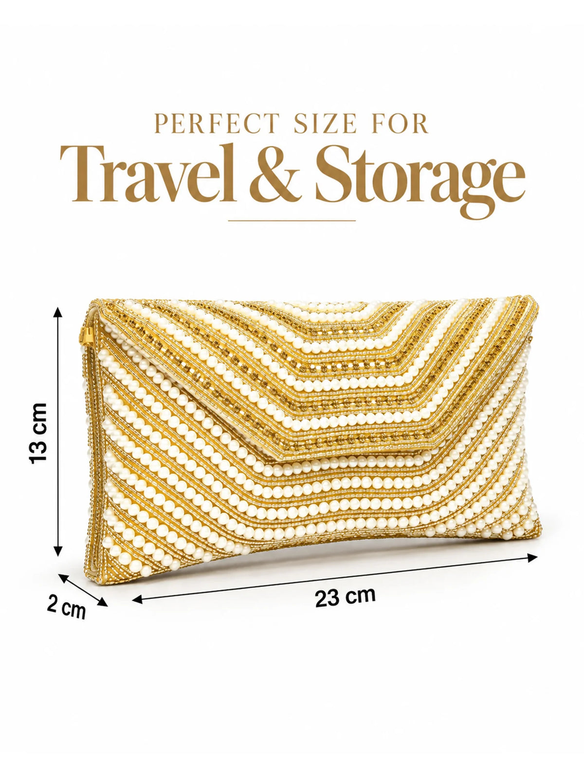 Beaded Pearl Clutch Bag – Gold Chevron