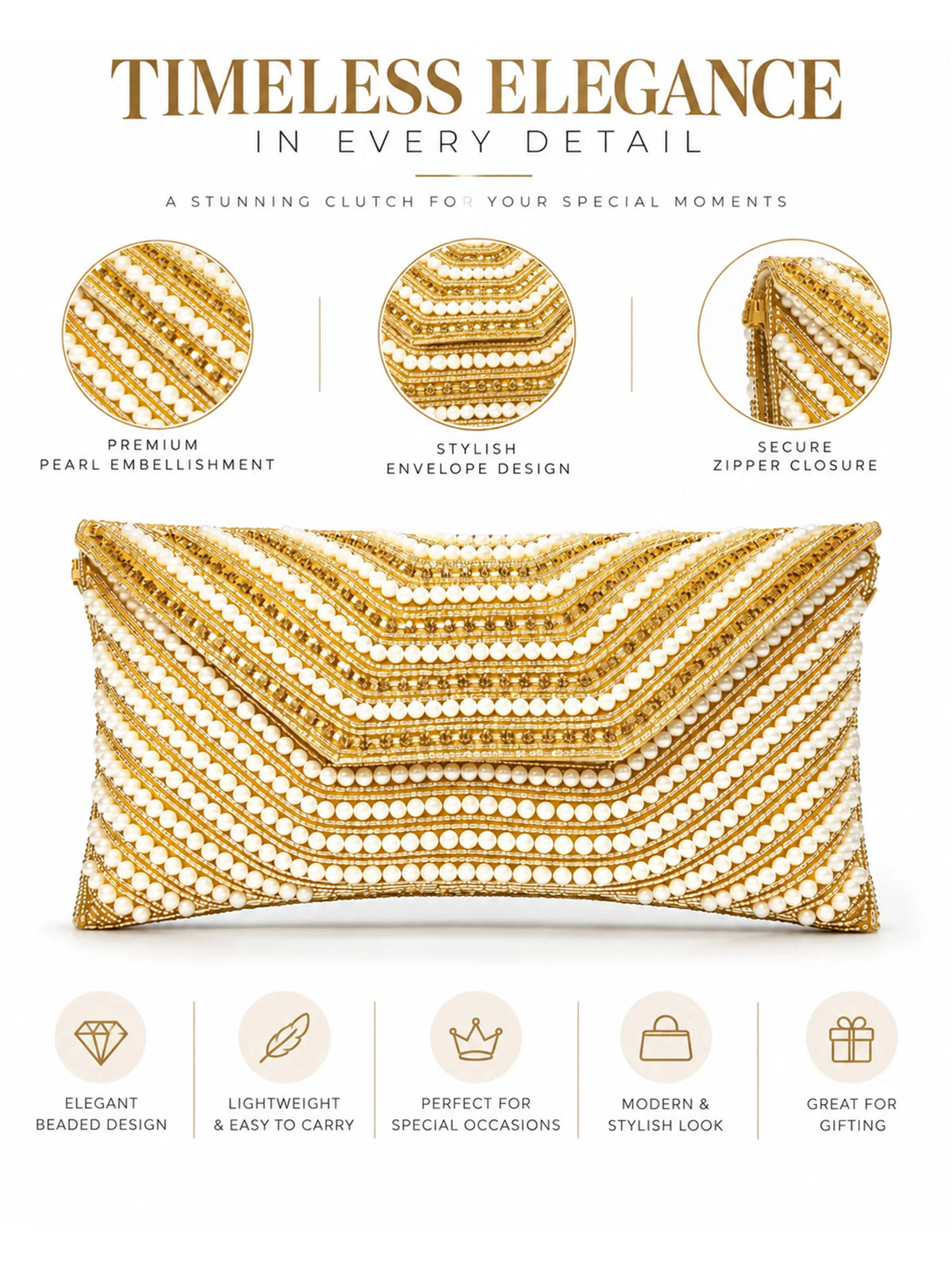 Beaded Pearl Clutch Bag – Gold Chevron