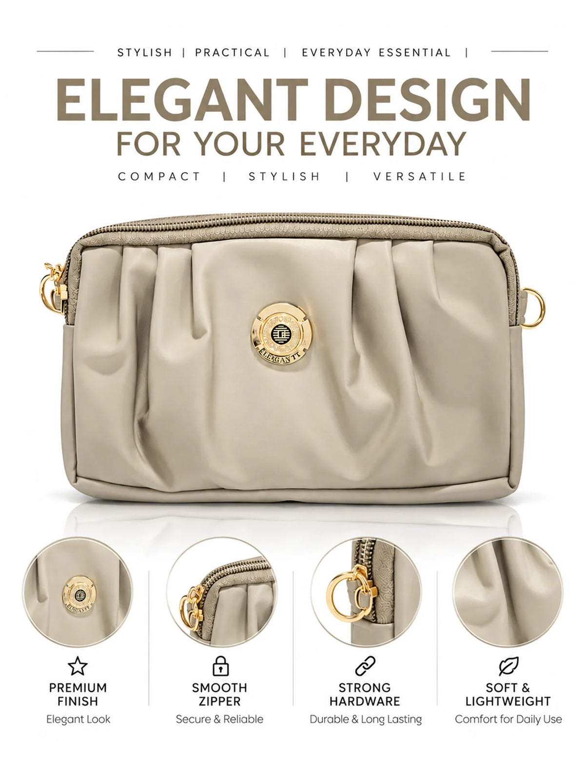 Pleated PU Leather Crossbody Bag - Taupe