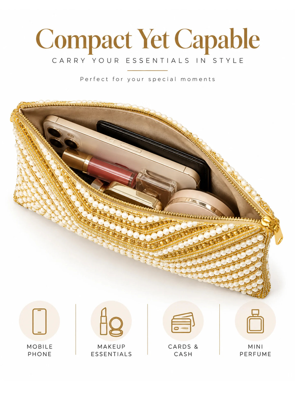 Beaded Pearl Clutch Bag – Gold Chevron