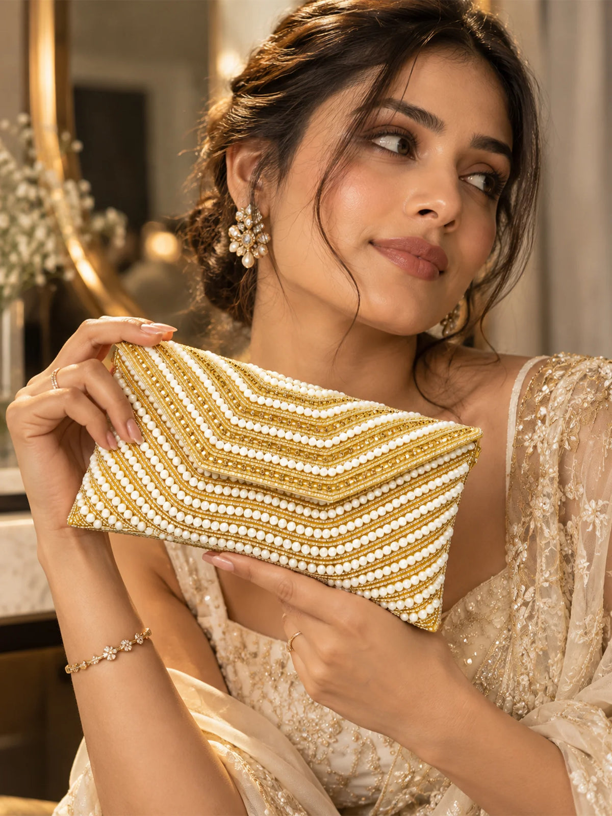 Beaded Pearl Clutch Bag – Gold Chevron