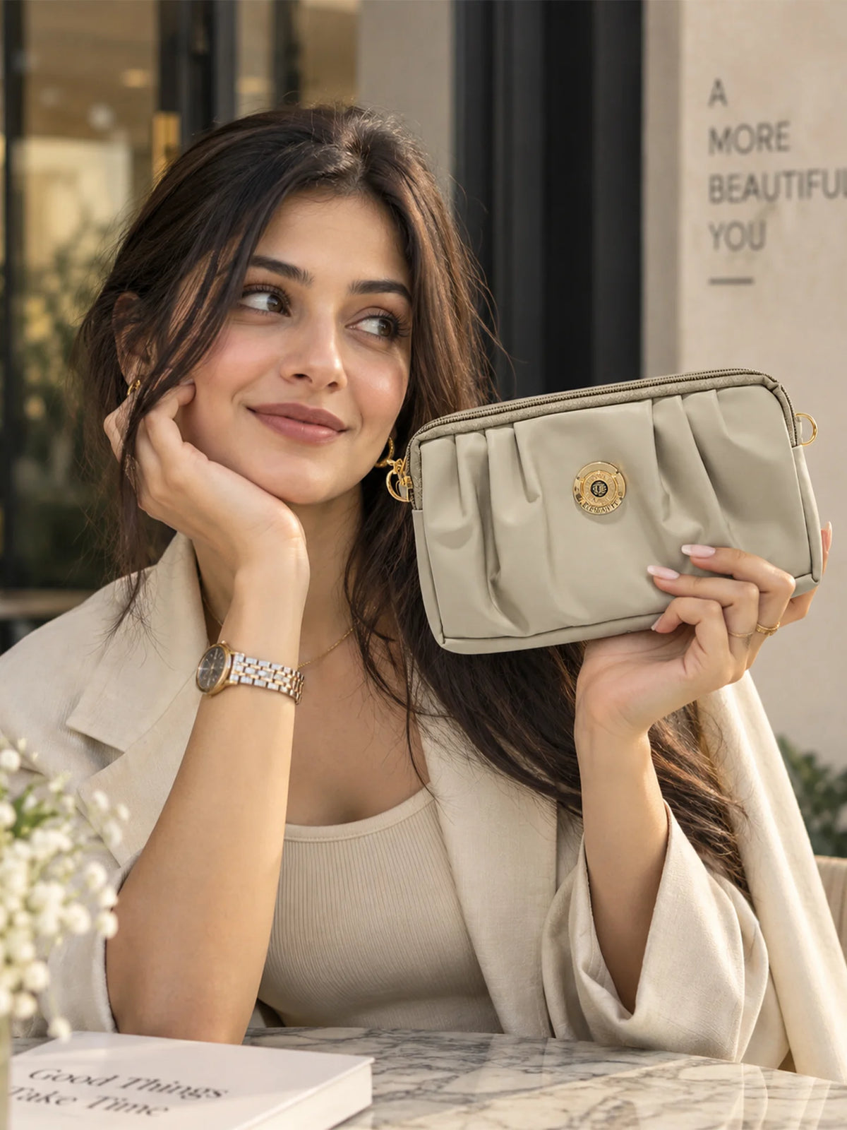Pleated PU Leather Crossbody Bag - Taupe