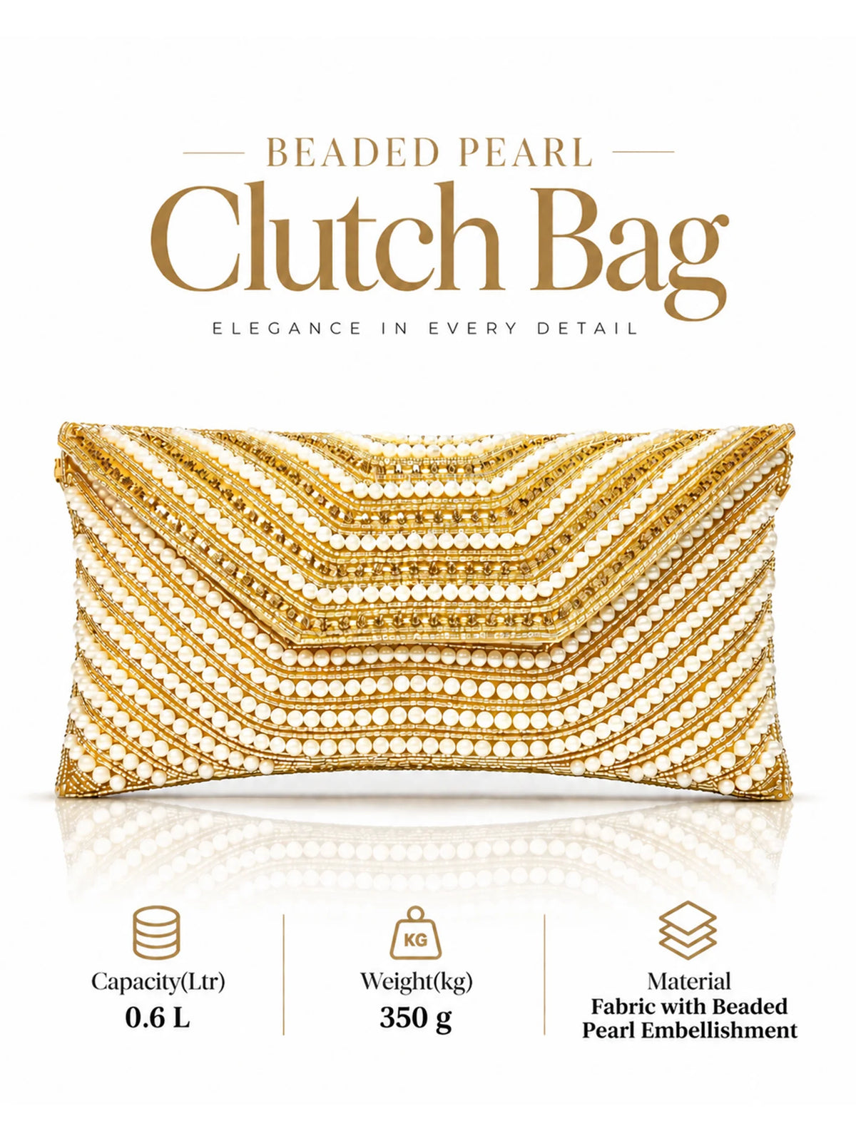 Beaded Pearl Clutch Bag – Gold Chevron