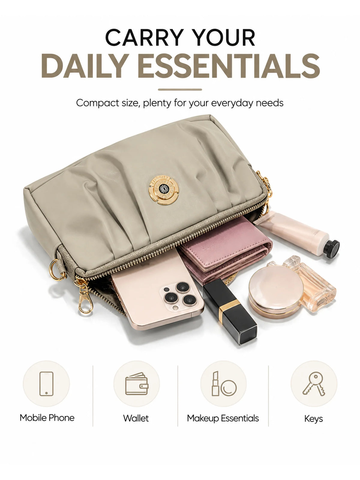 Pleated PU Leather Crossbody Bag - Taupe
