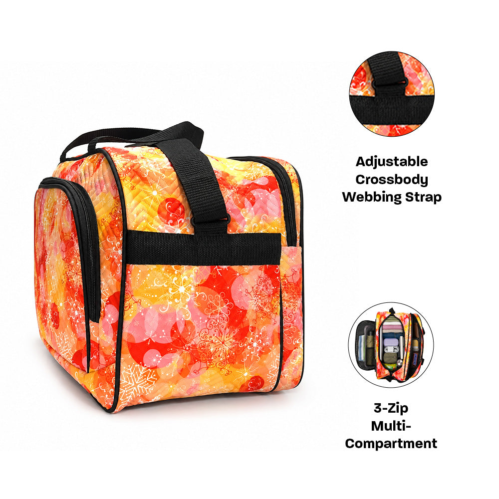 Karry House Festive Print Travel Duffle Bag showing 3-zip multi-compartment design and adjustable crossbody strap callouts