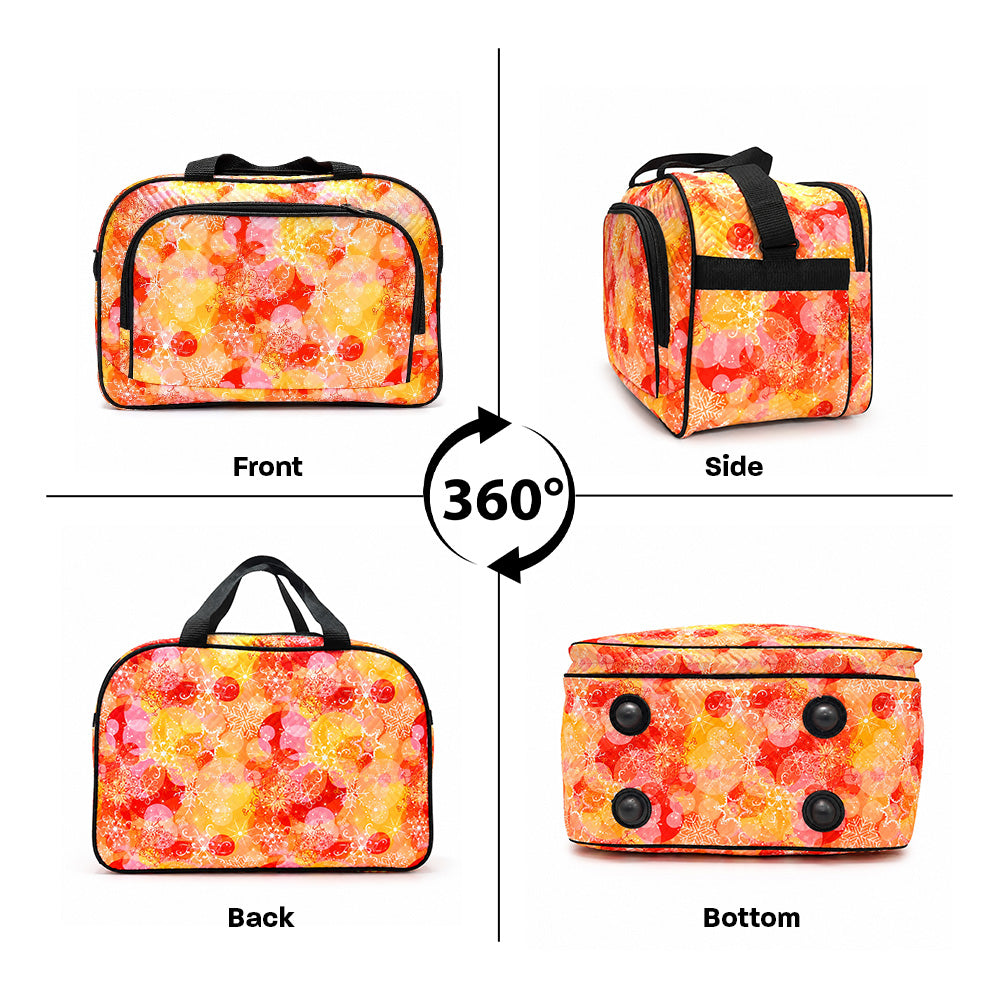 Front view of Karry House Festive Print Travel Duffle Bag with vibrant snowflake and floral print