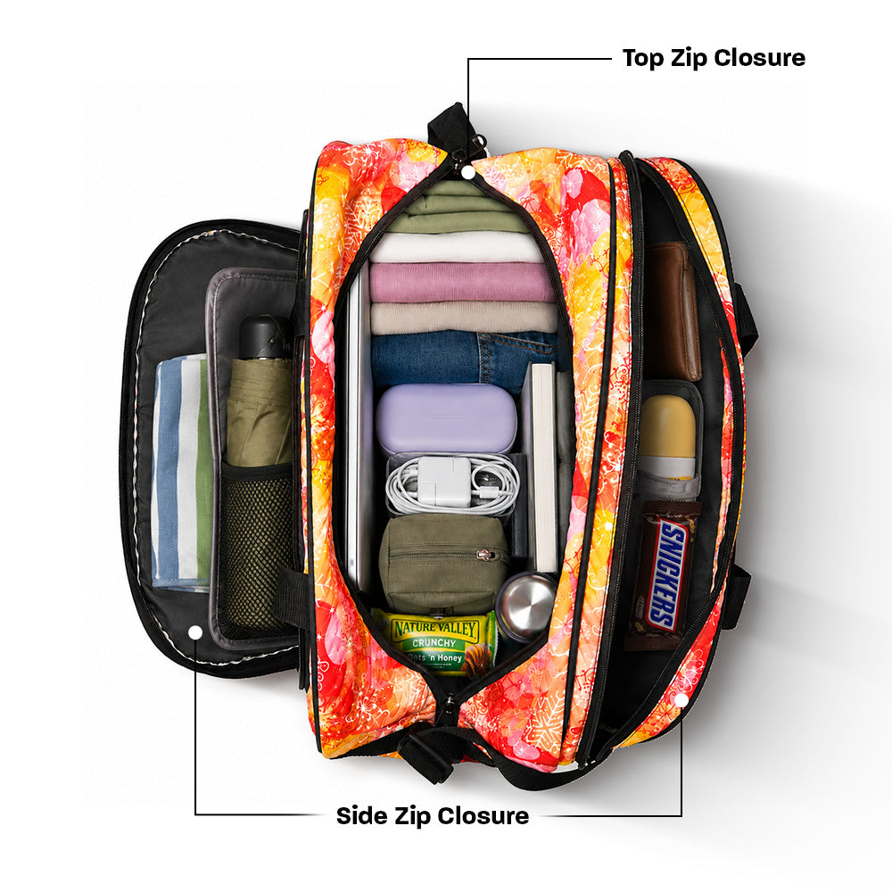Karry House Festive Print Travel Duffle Bag open showing top zip closure and packed interior with clothes, laptop, cables and snacks