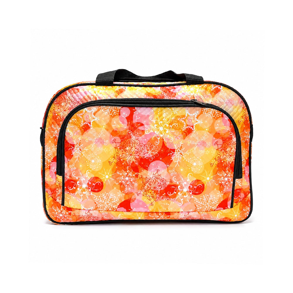 Karry House Festive Print Travel Duffle Bag 360 degree view showing front, side, back and bottom with rubber feet