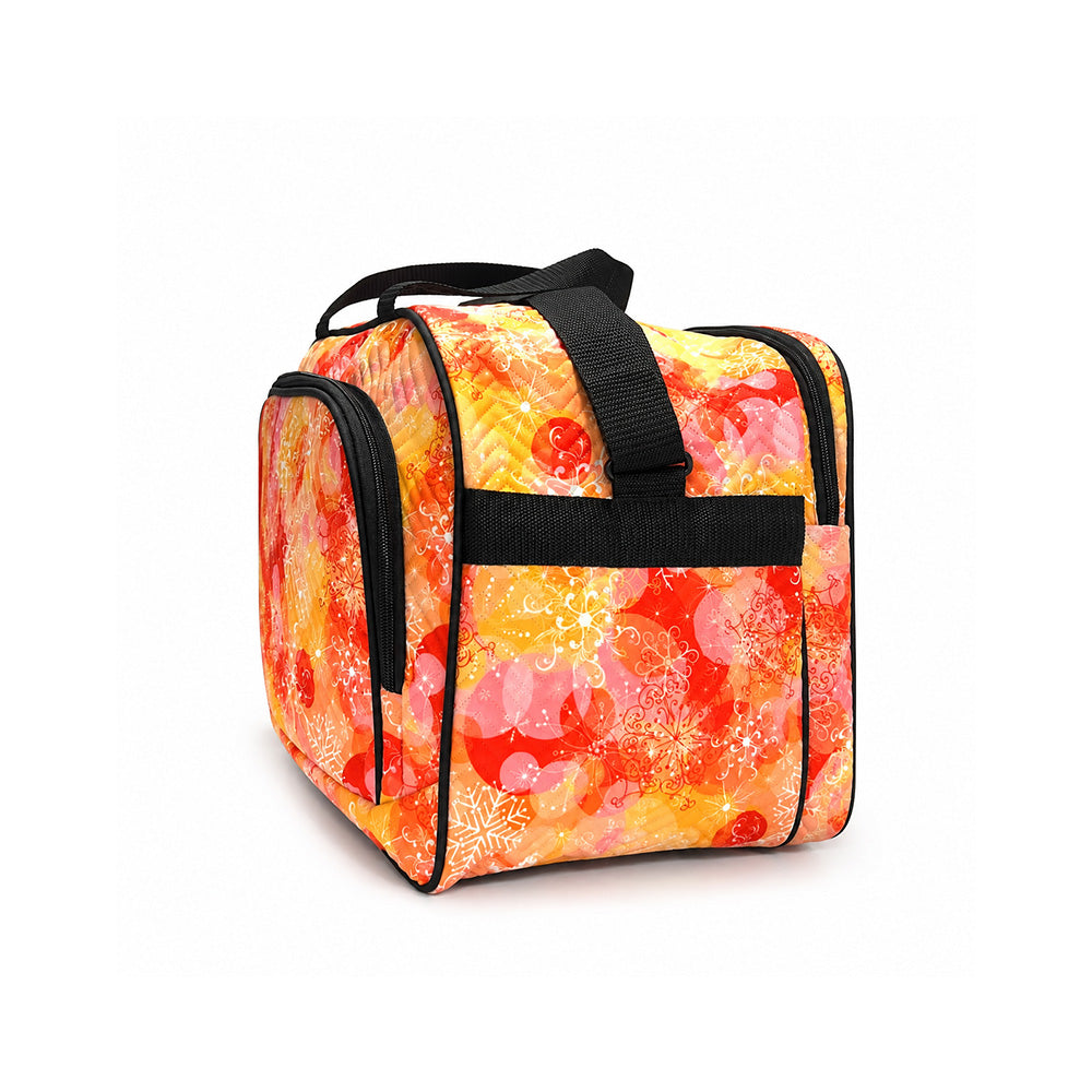 Side view of Karry House Festive Print Travel Duffle Bag with adjustable crossbody webbing strap
