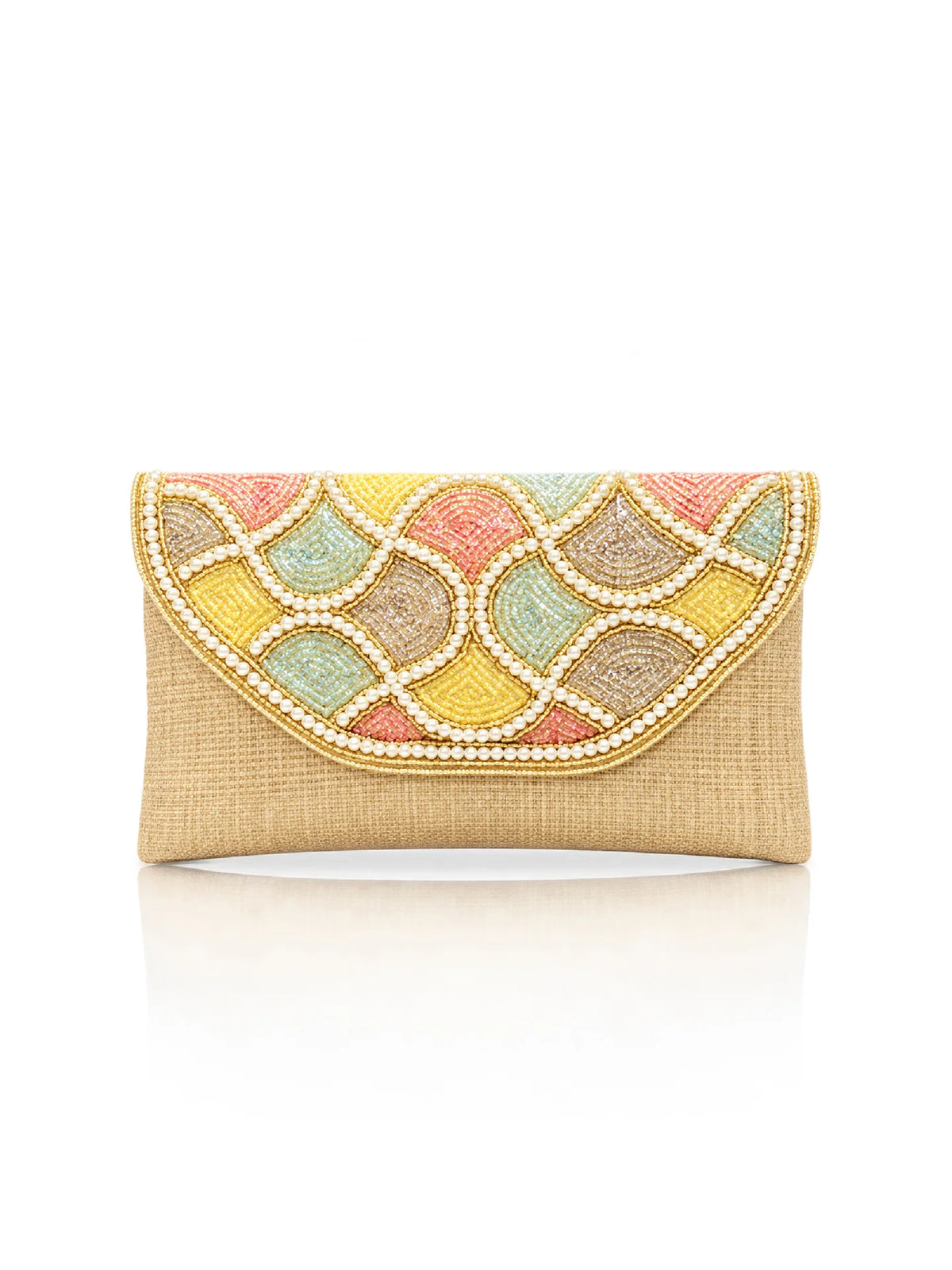 Golden Embroidered Jute Clutch Bag - Multicolour Bead