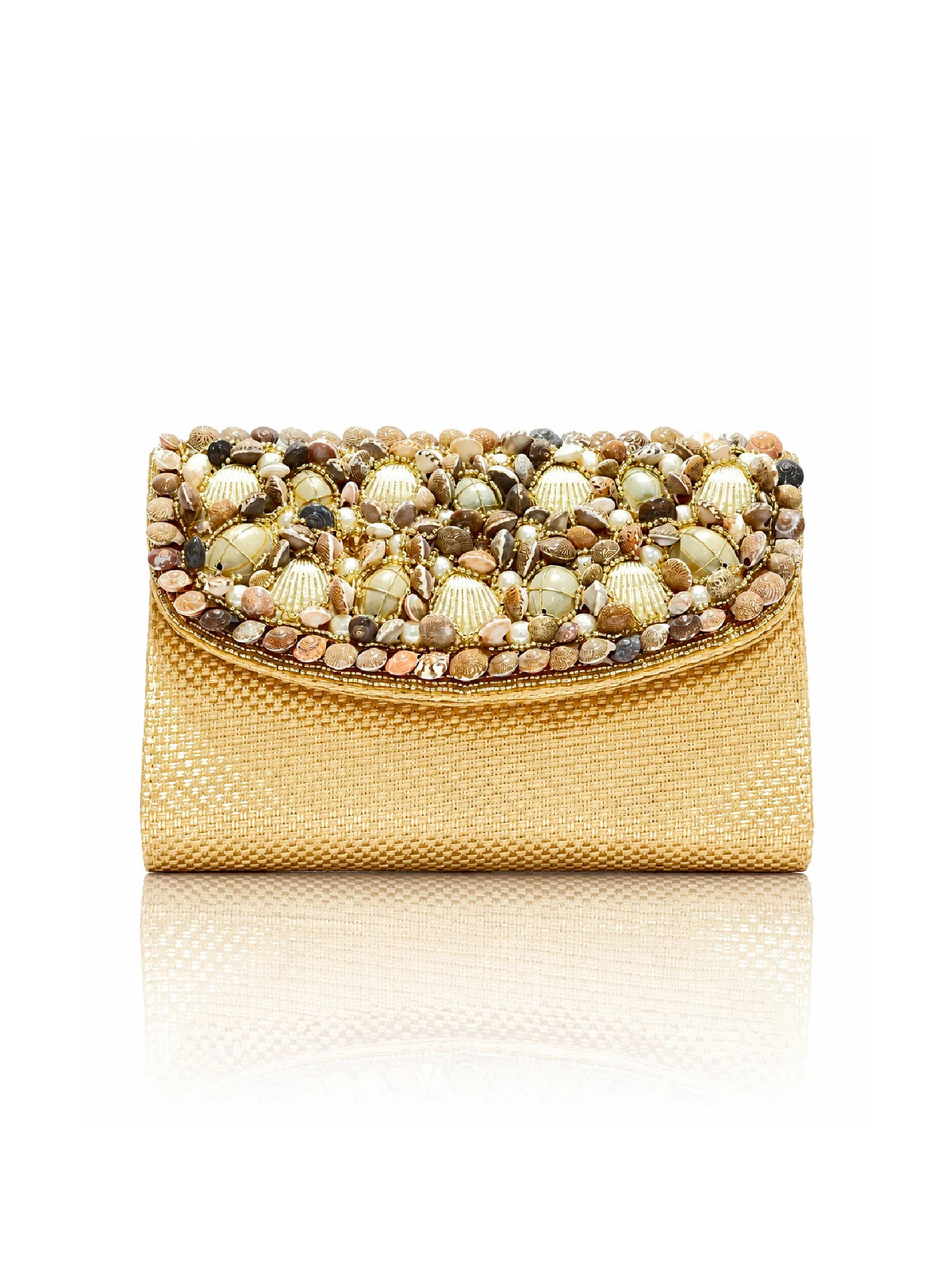 Pearl & Shell Embellished Jute Clutch – Golden Ethnic Bag