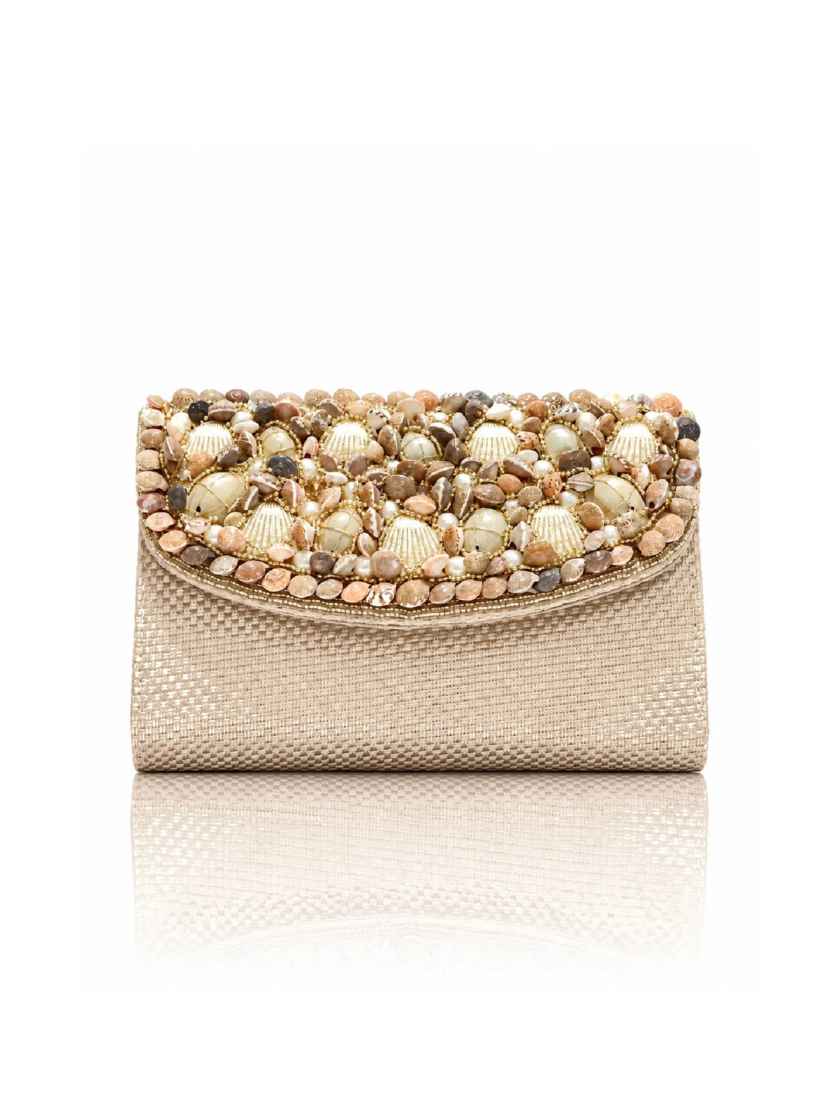 Pearl & Shell Embellished Jute Clutch – Beige Ethnic Bag