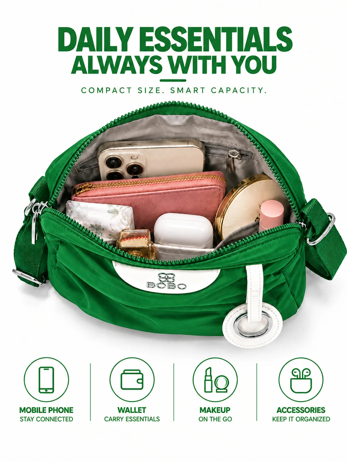BOBO Green Nylon Sling Bag - Daily Handbag