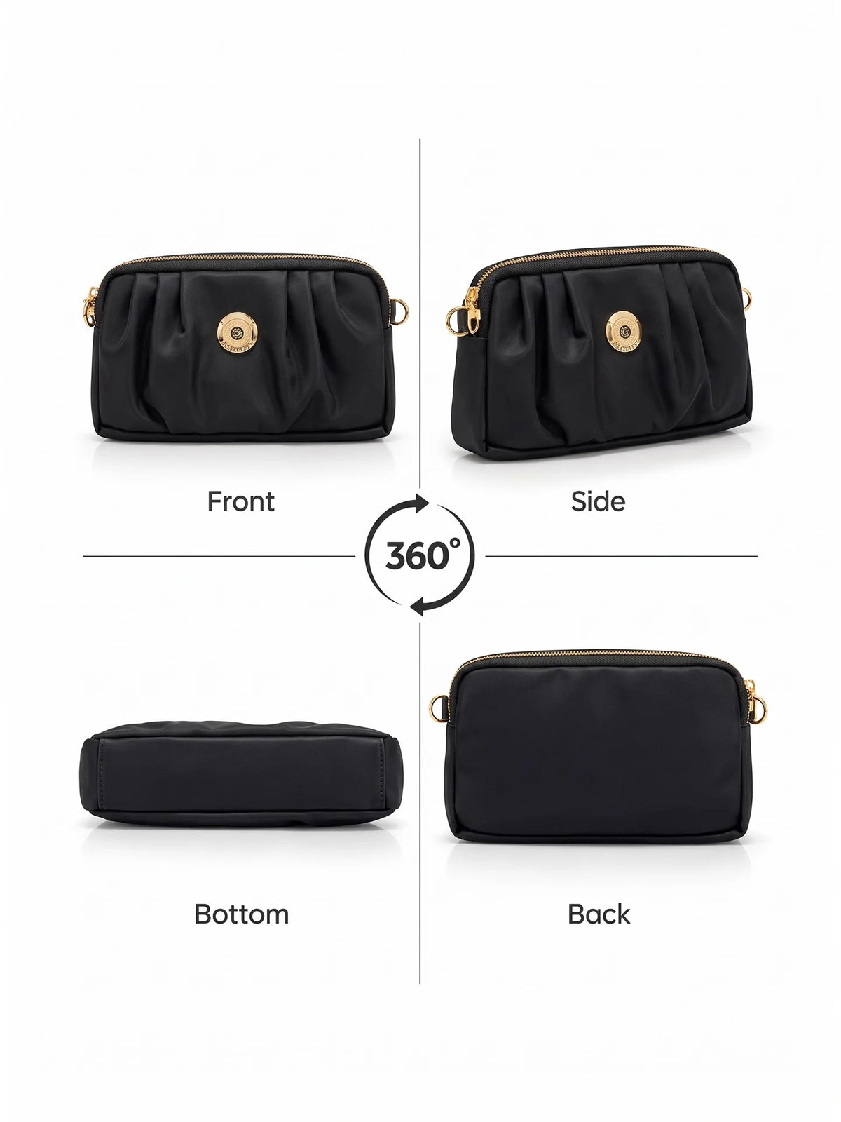 Pleated PU Leather Crossbody Bag - Black