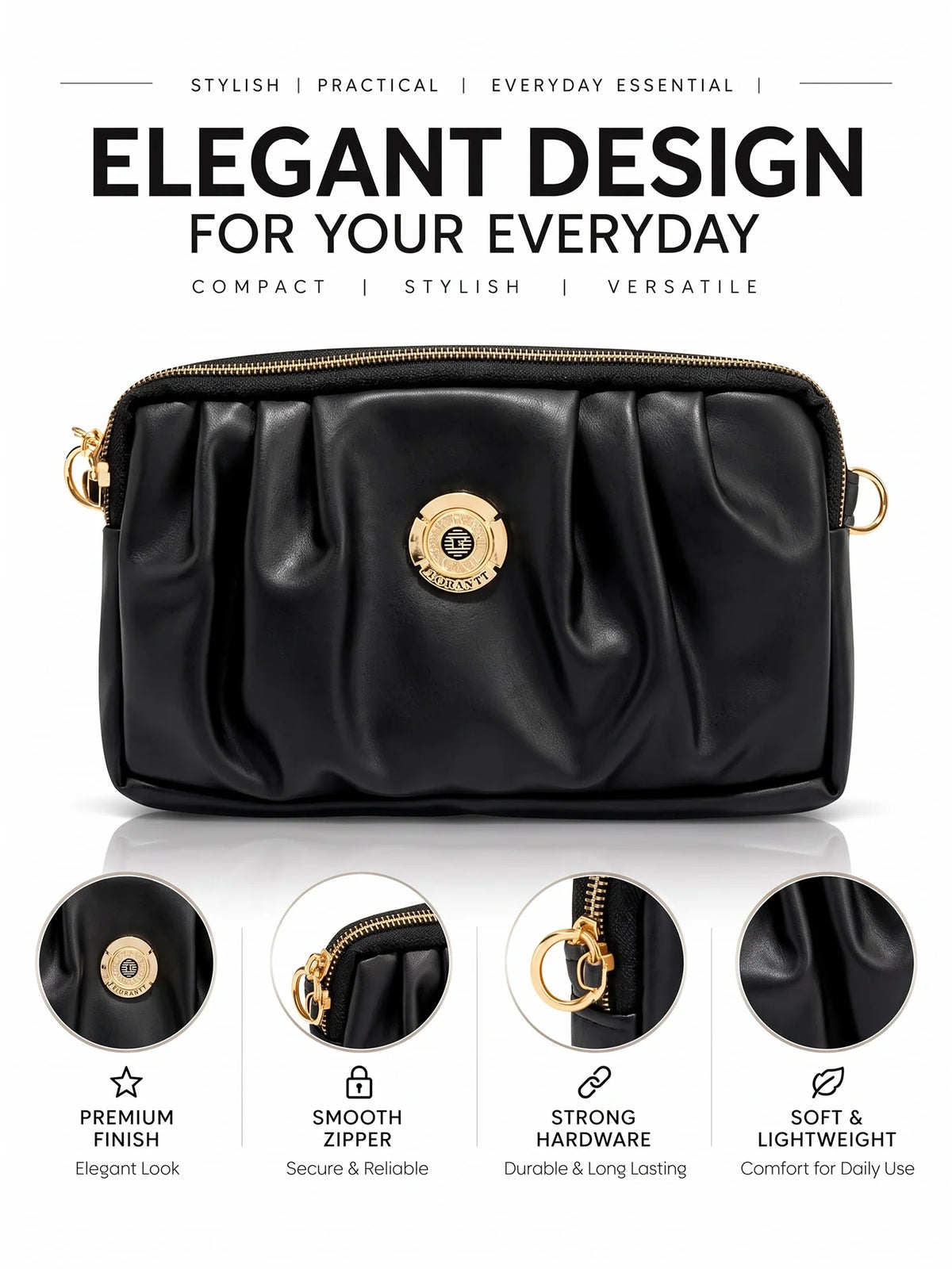 Pleated PU Leather Crossbody Bag - Black