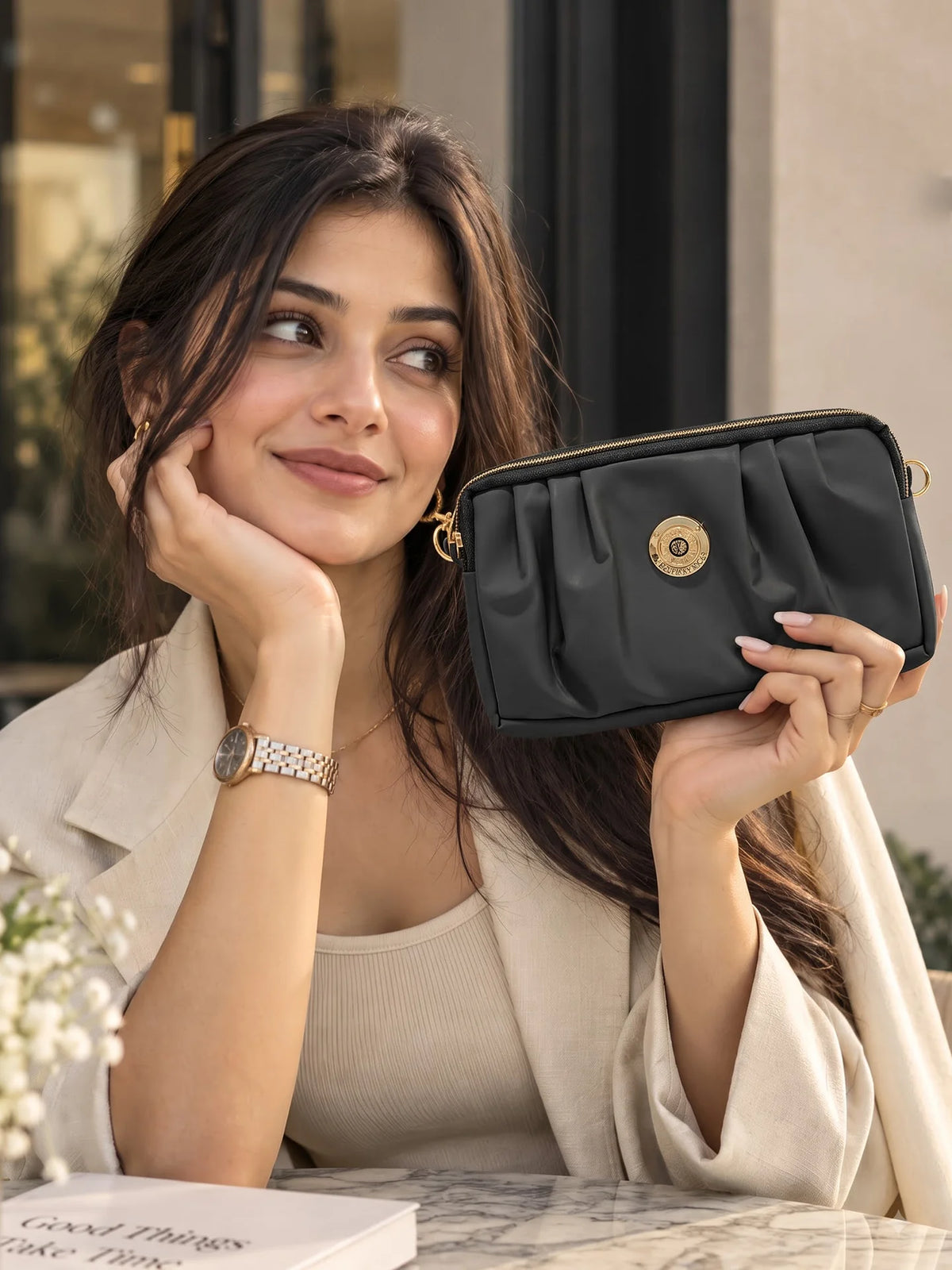 Pleated PU Leather Crossbody Bag - Black