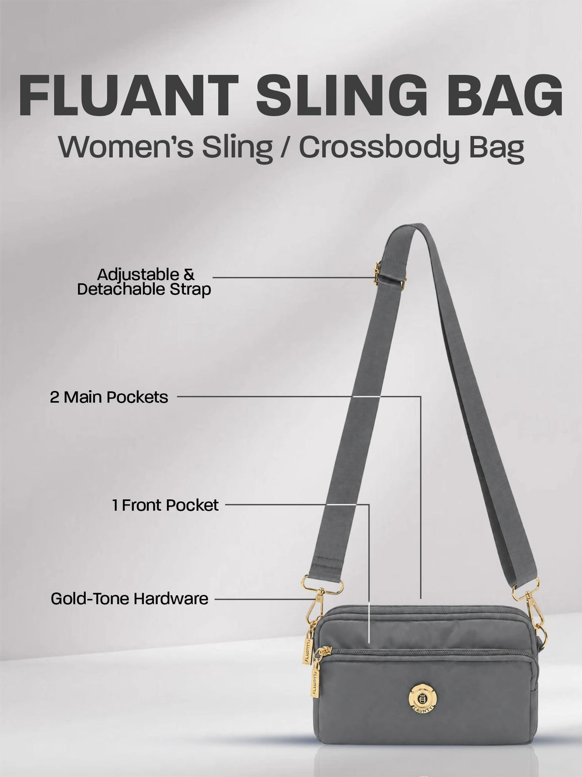 Stylish Fluänt Women’s Sling Bag – Grey Crossbody Bag