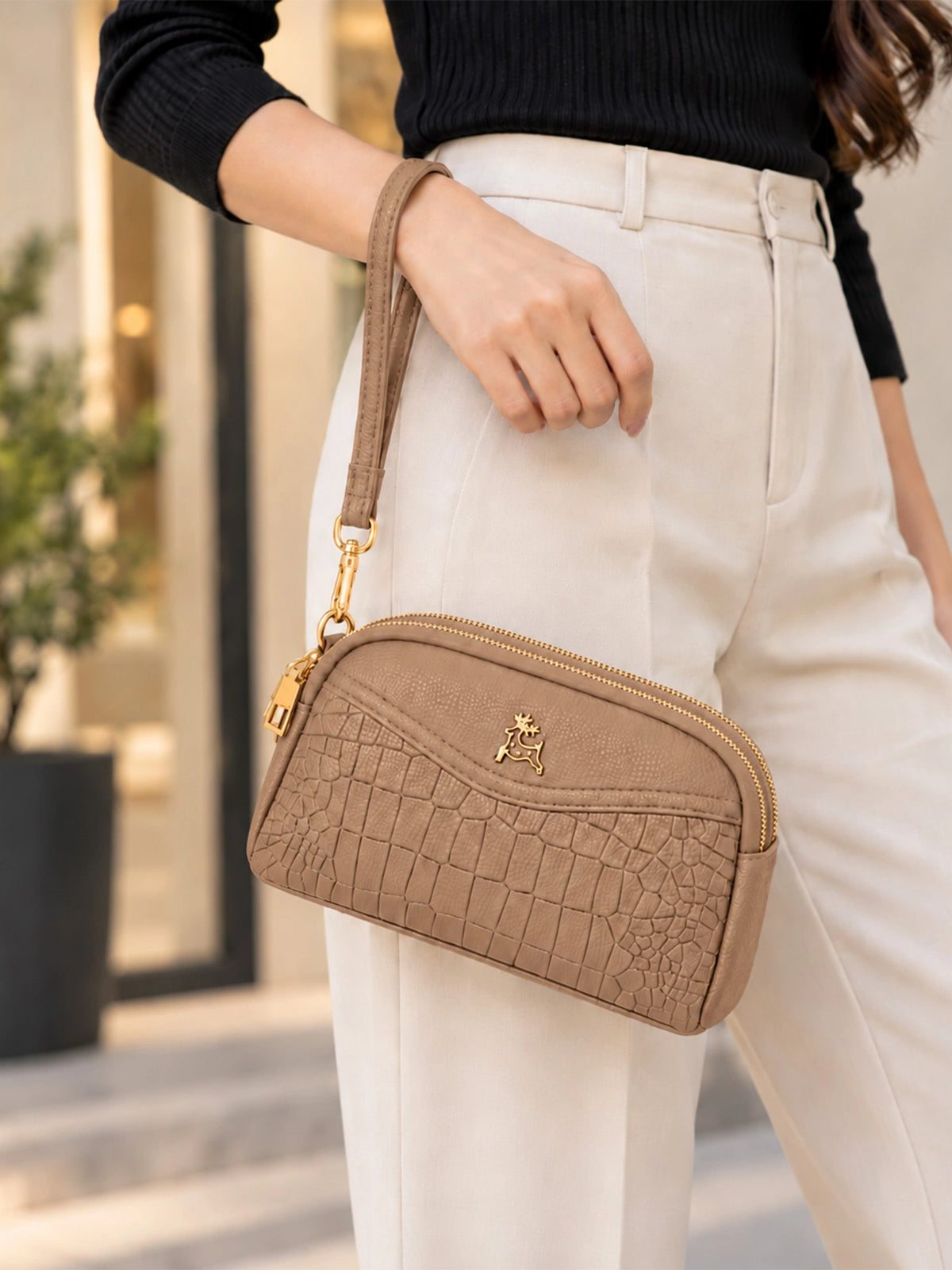 Premium Textured Crossbody Sling Bag – Beige