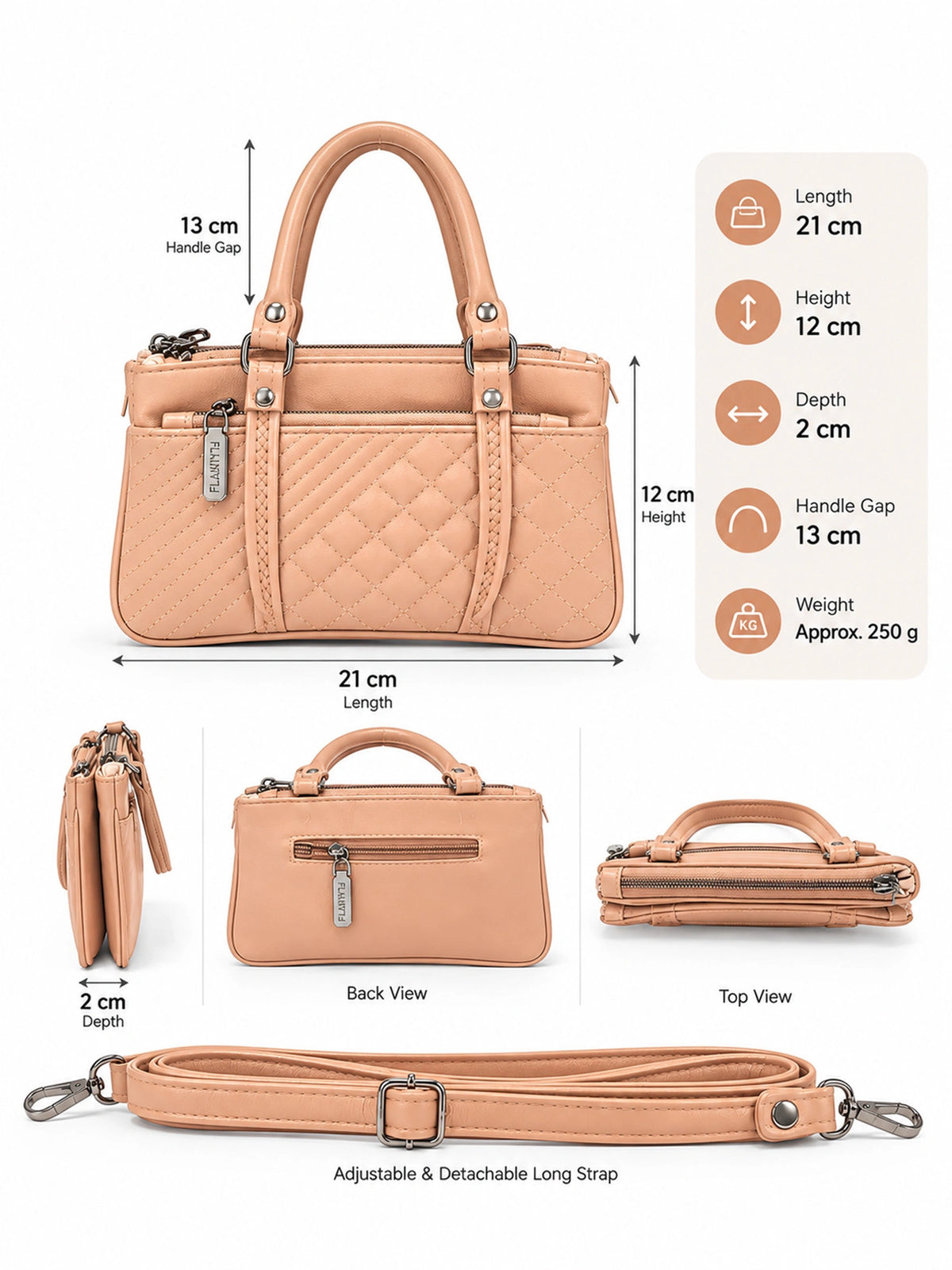 Quilted Sling Bag with Adjustable Strap - Peach Shade