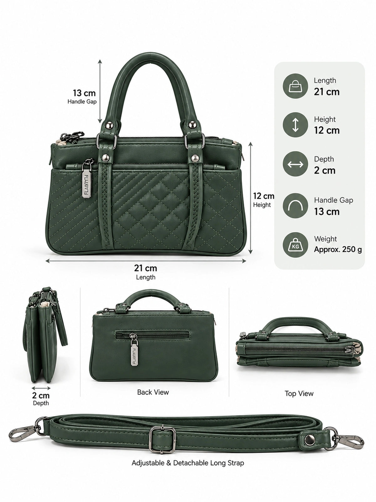Quilted Sling Bag with Adjustable Strap - Dark Green Shade