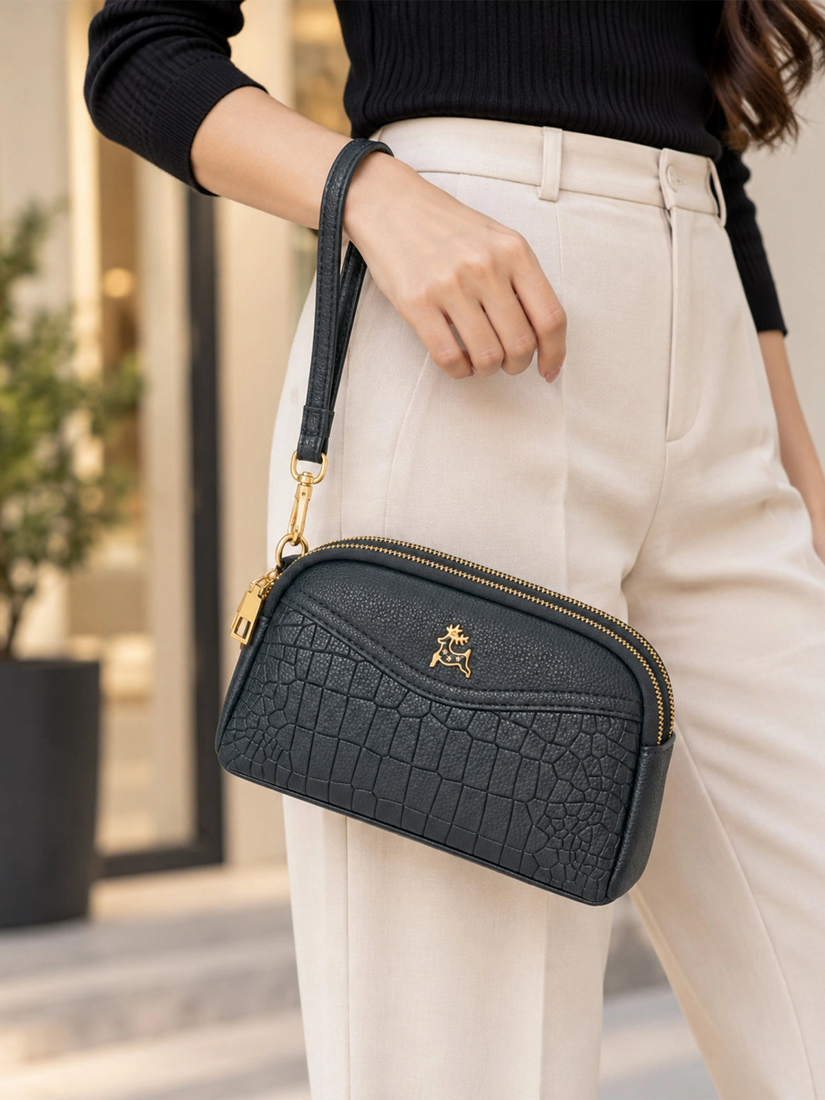 Premium Textured Crossbody Sling Bag – Black