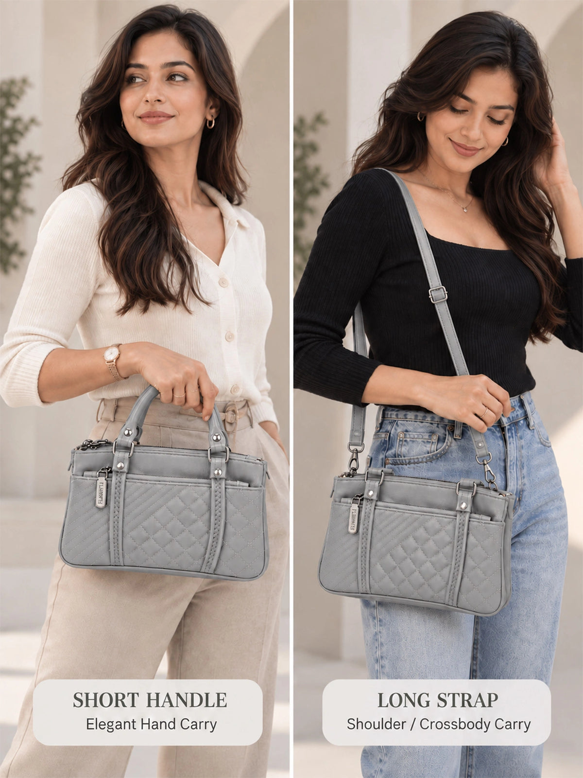 Quilted Sling Bag with Adjustable Strap - Grey Shade