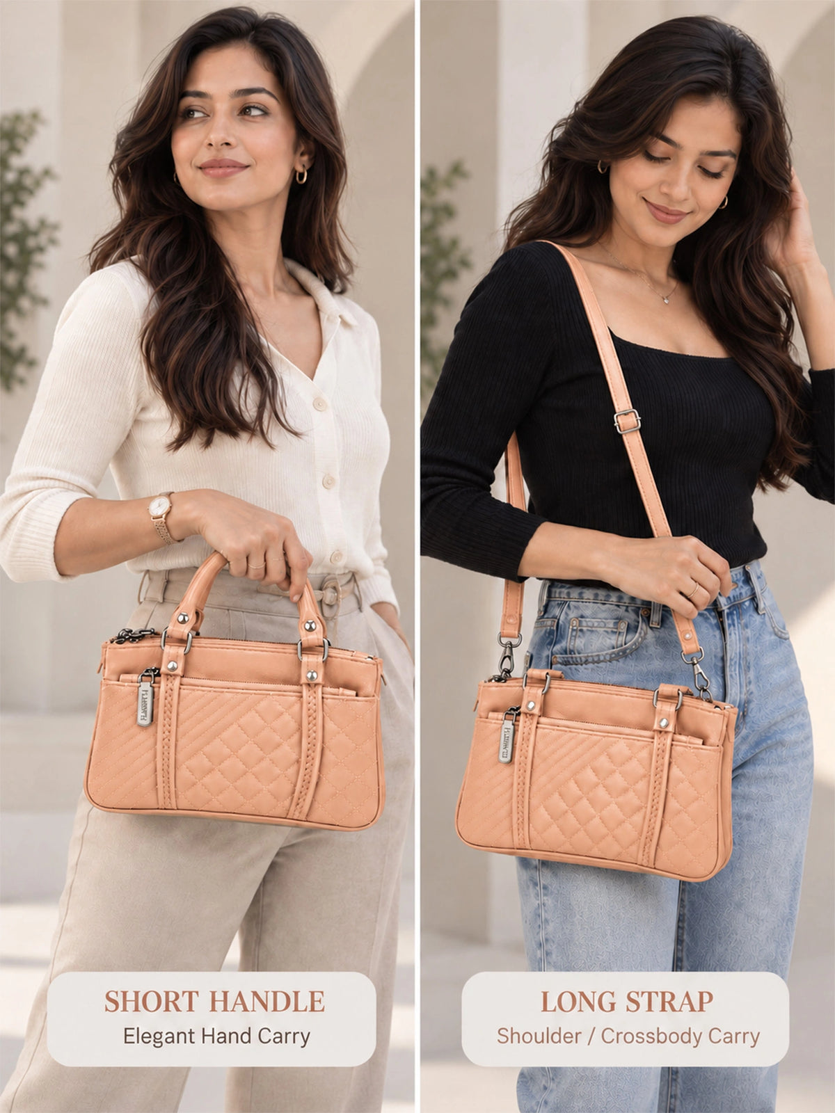 Quilted Sling Bag with Adjustable Strap - Peach Shade