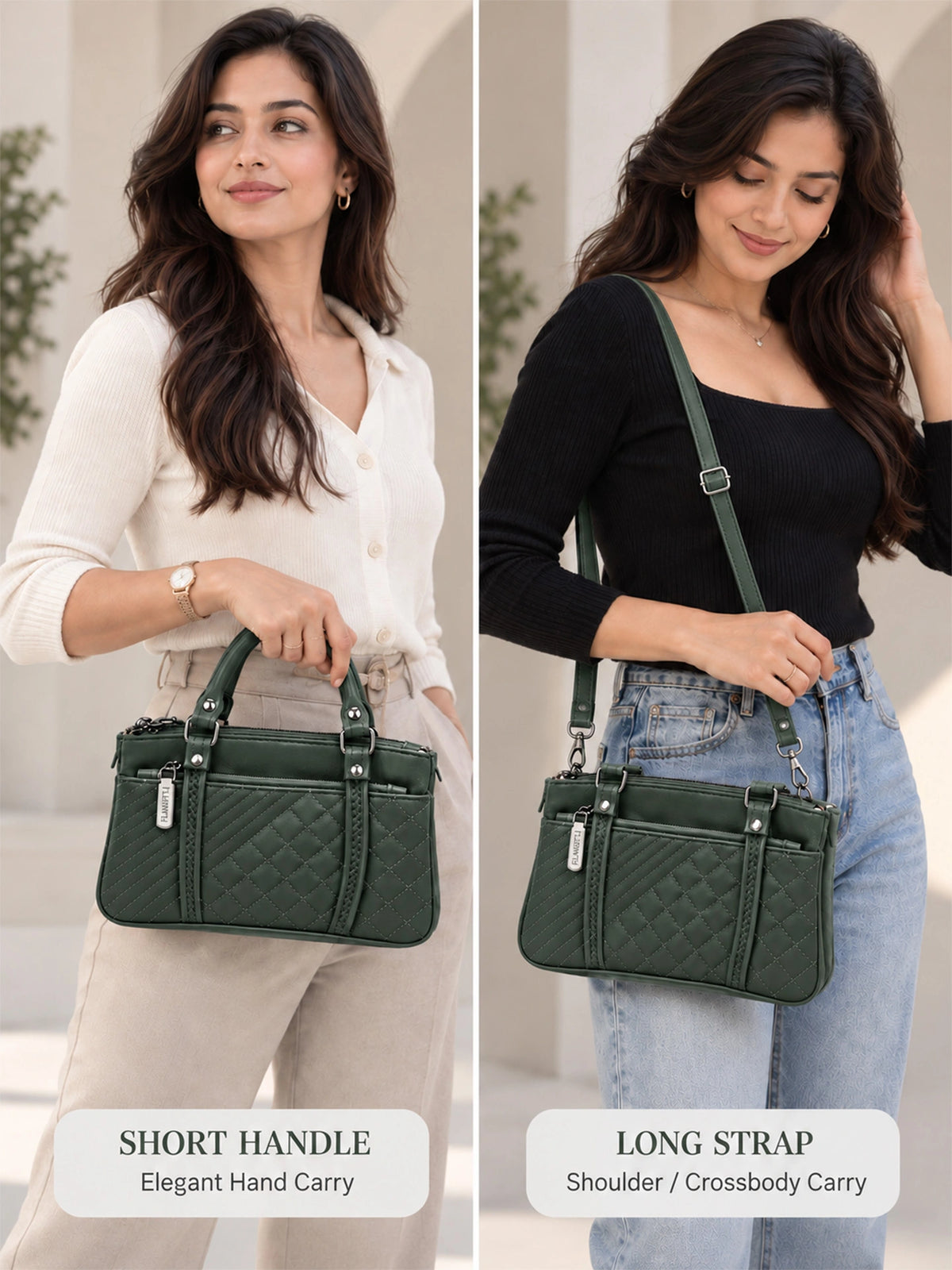 Quilted Sling Bag with Adjustable Strap - Dark Green Shade
