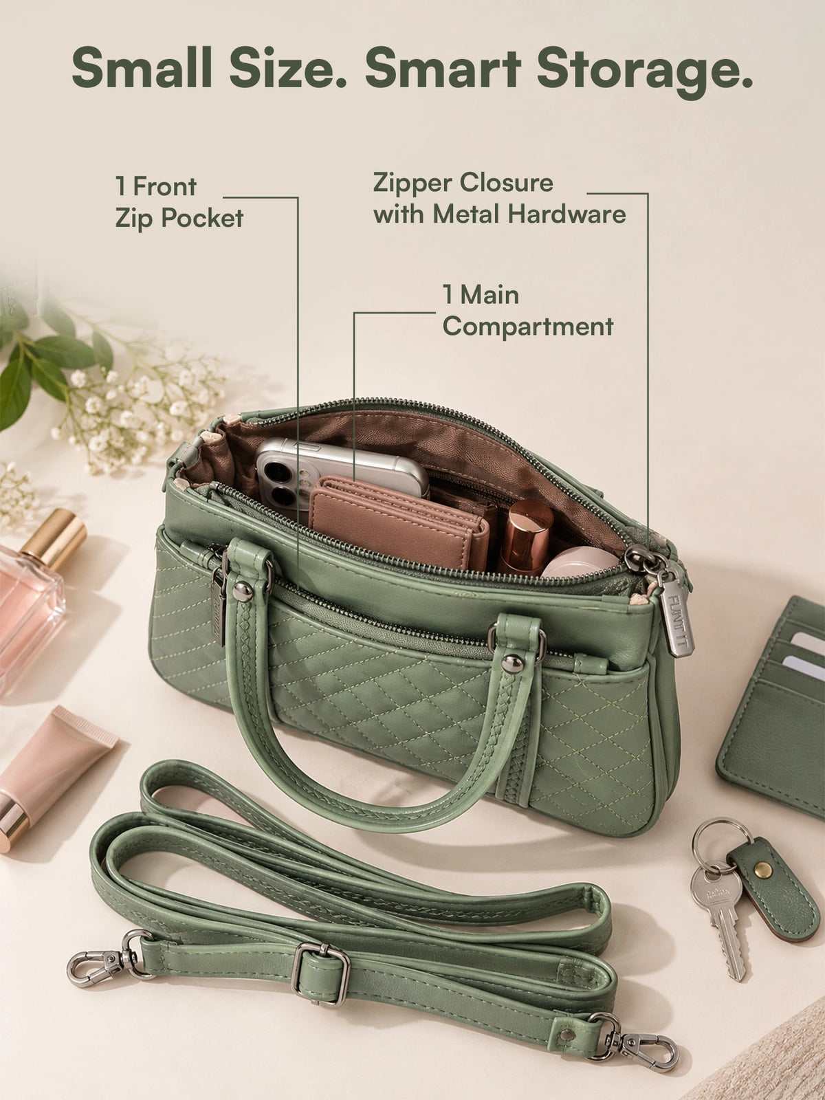 Quilted Sling Bag with Adjustable Strap - Green Shade