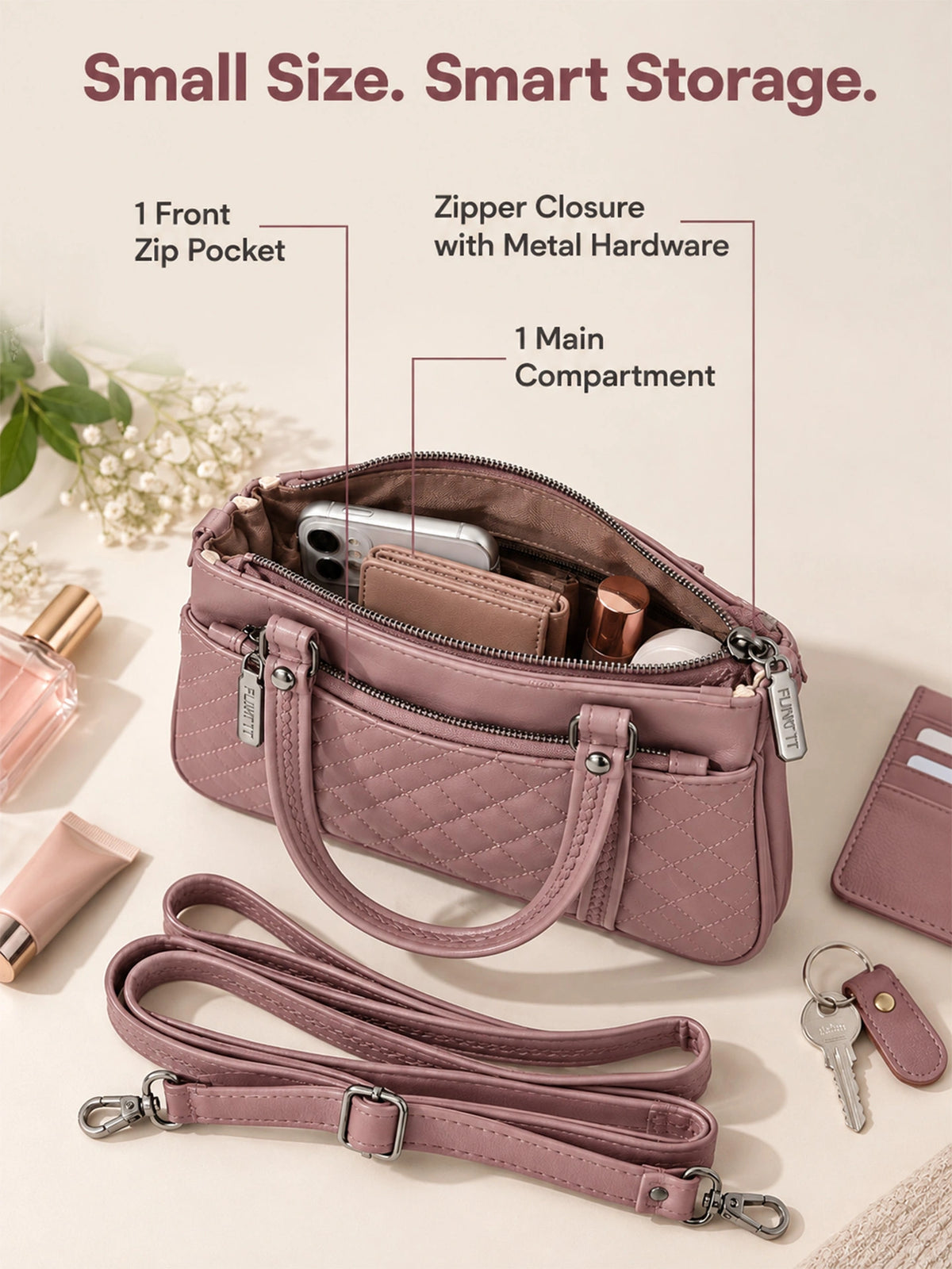 Quilted Sling Bag with Adjustable Strap - Mauve Shade