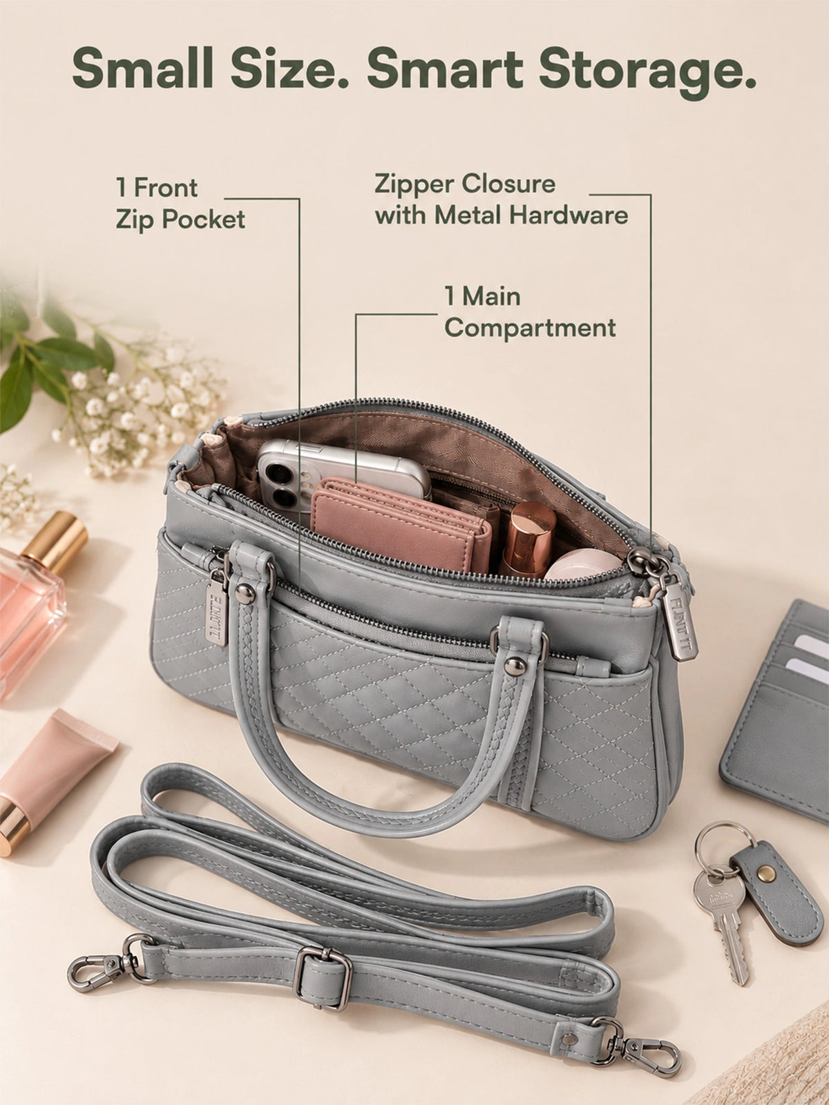 Quilted Sling Bag with Adjustable Strap - Grey Shade