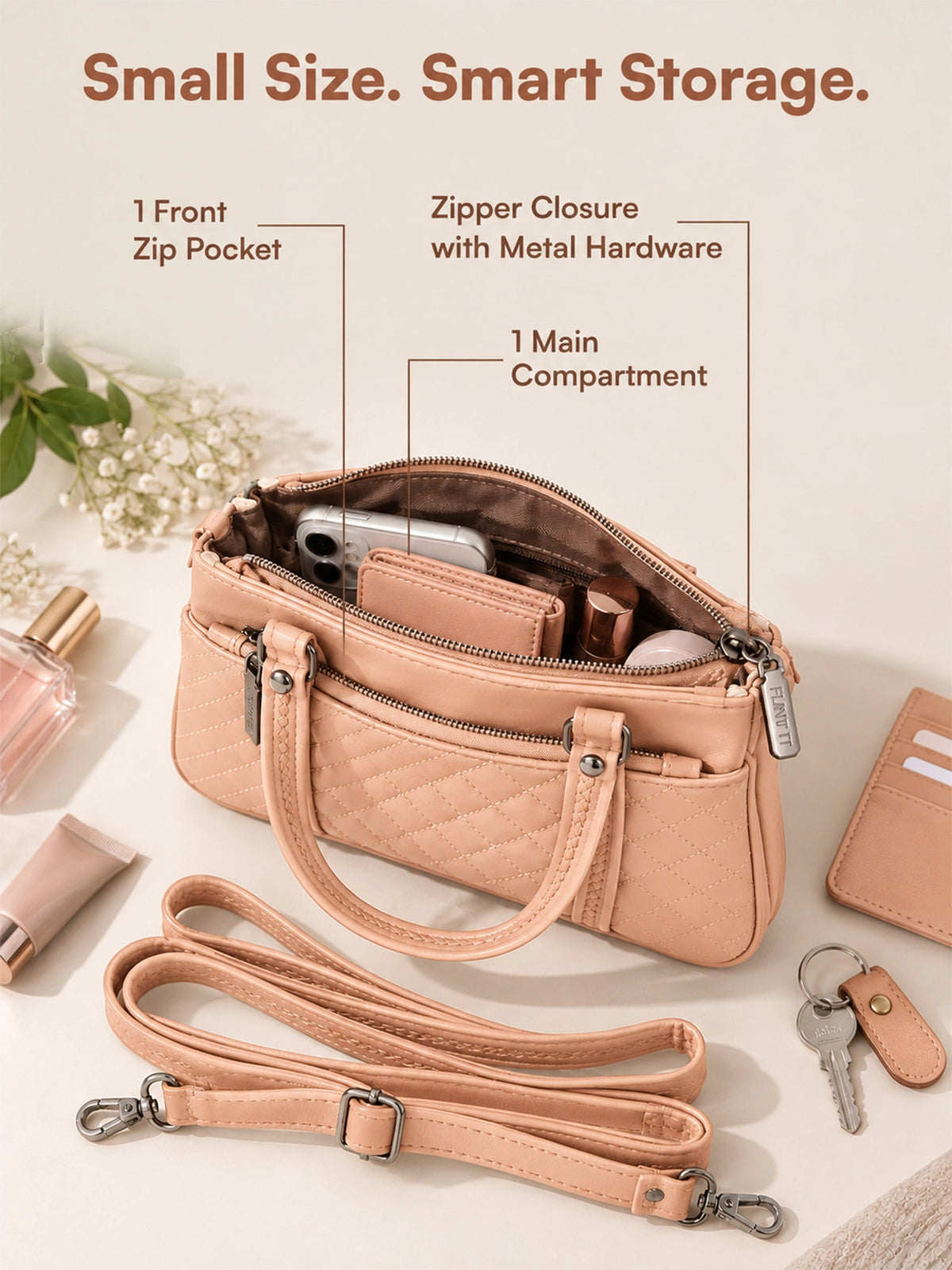Quilted Sling Bag with Adjustable Strap - Peach Shade