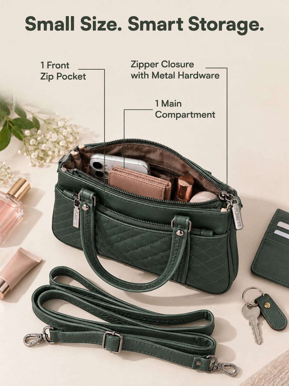 Quilted Sling Bag with Adjustable Strap - Dark Green Shade