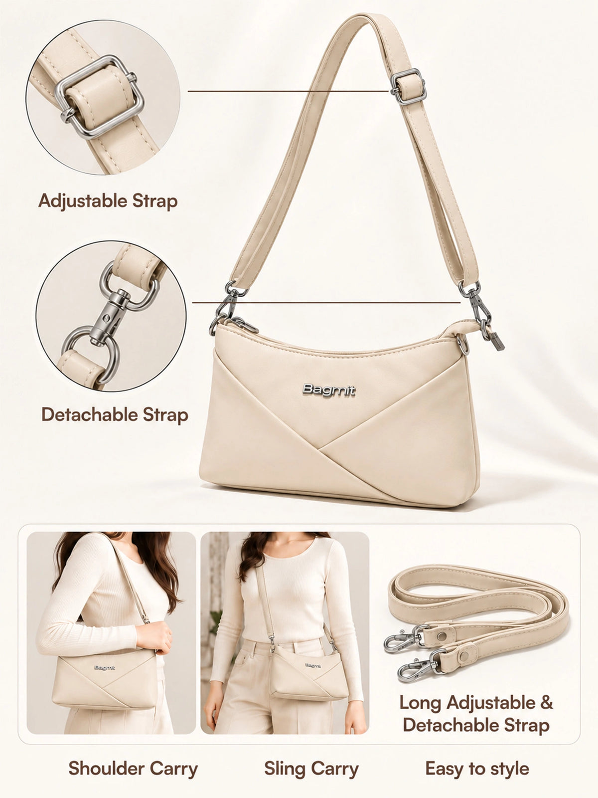 Women’s PU Leather Crossbody Shoulder Bag - Cream
