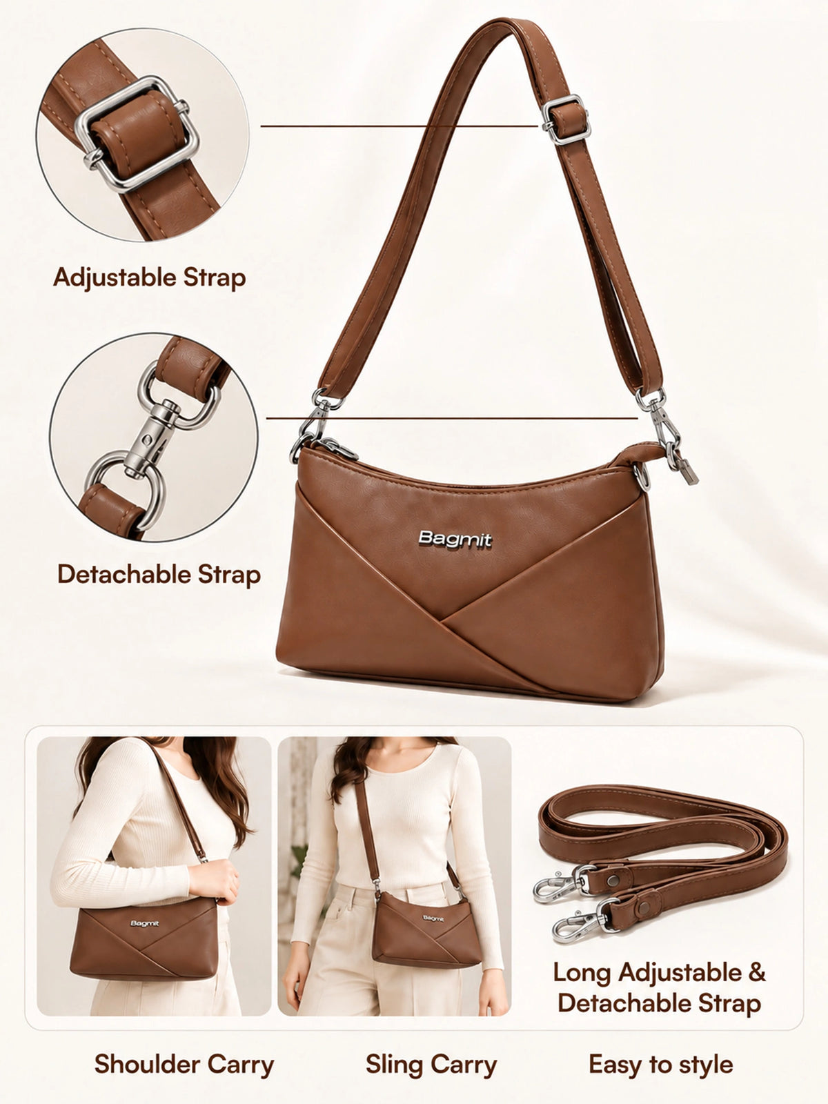 Women’s PU Leather Crossbody Shoulder Bag - Brown