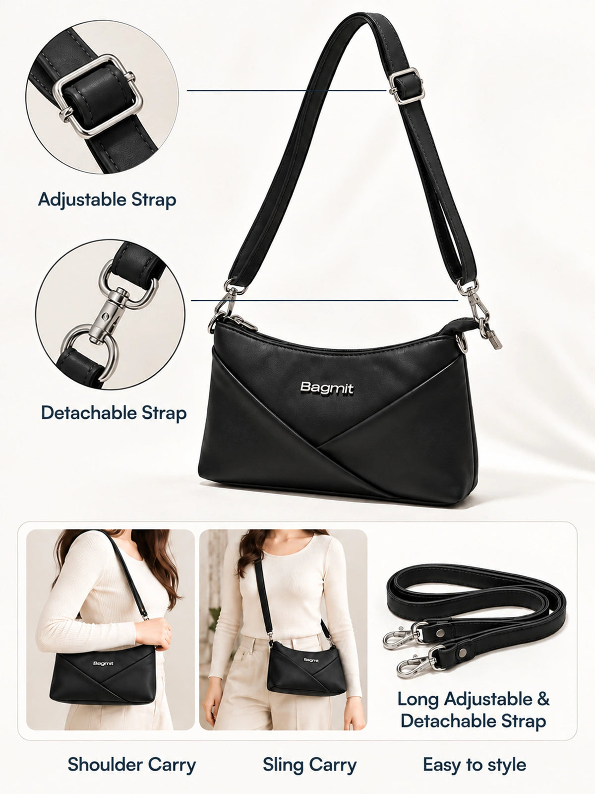 Women’s PU Leather Crossbody Shoulder Bag - Black