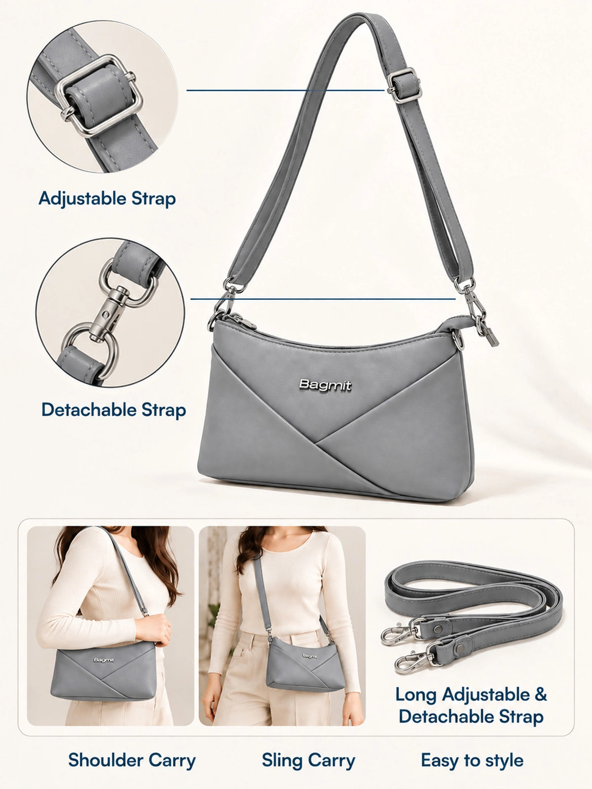 Women’s PU Leather Crossbody Shoulder Bag - Grey