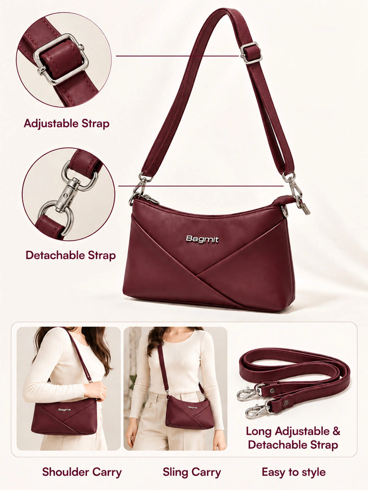 Women’s PU Leather Crossbody Shoulder Bag - Wine