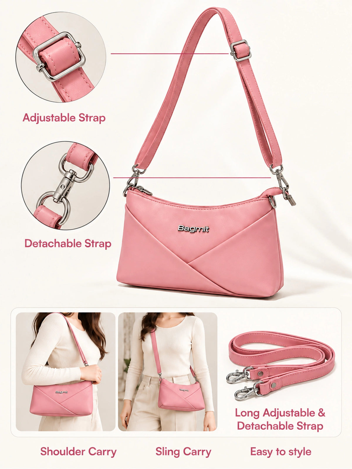 Women’s PU Leather Crossbody Shoulder Bag - Pink