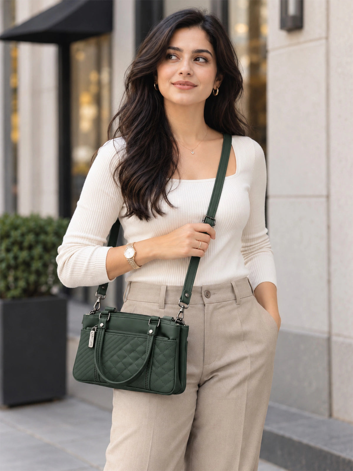 Quilted Sling Bag with Adjustable Strap - Dark Green Shade