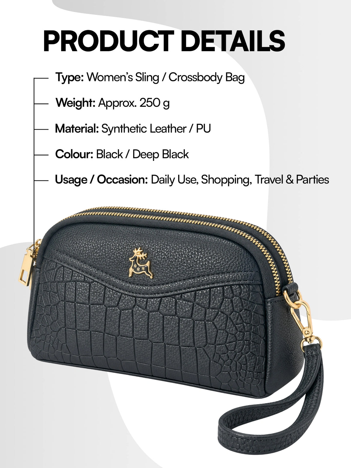 Premium Textured Crossbody Sling Bag – Black