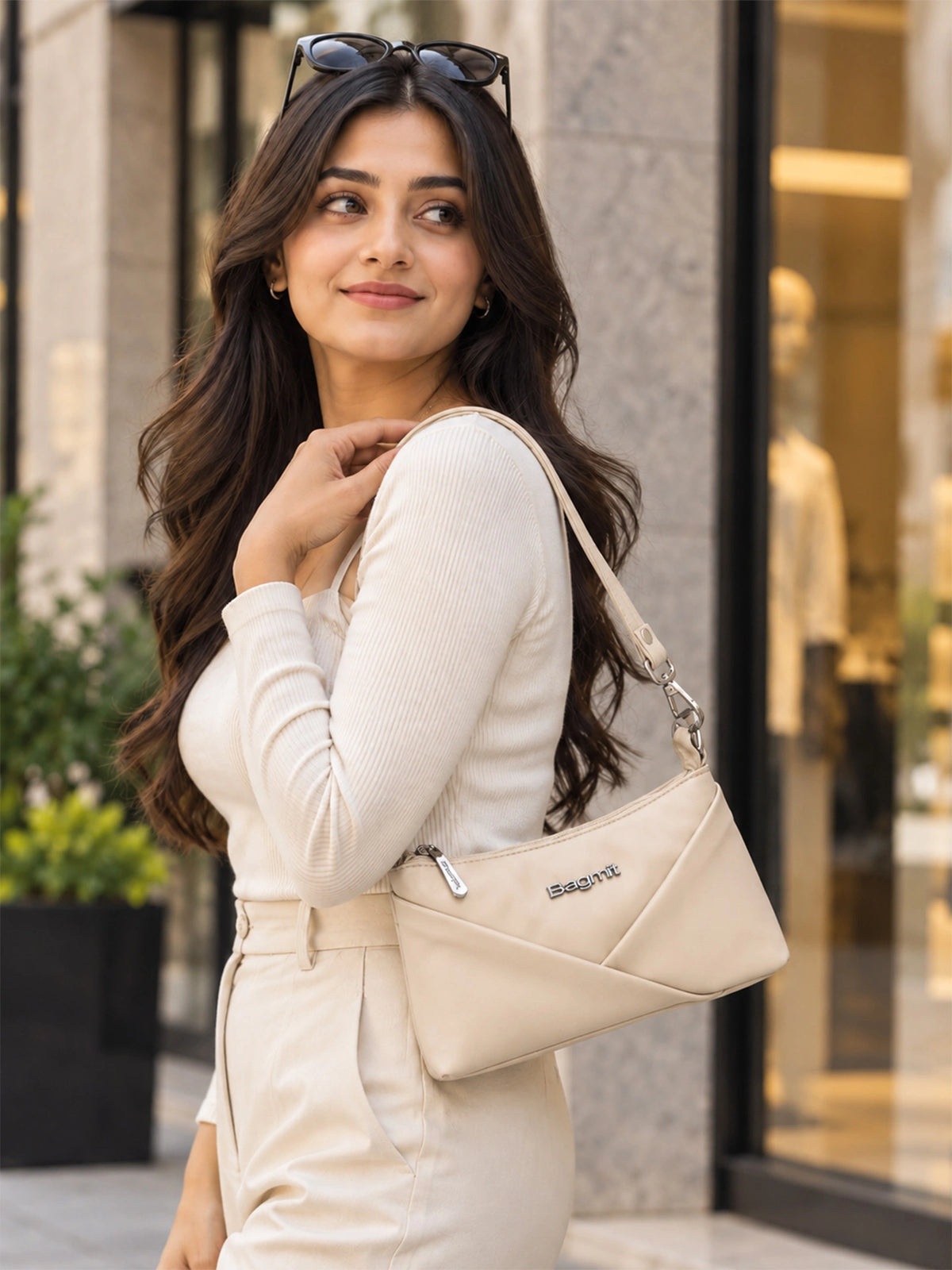 Women’s PU Leather Crossbody Shoulder Bag - Cream
