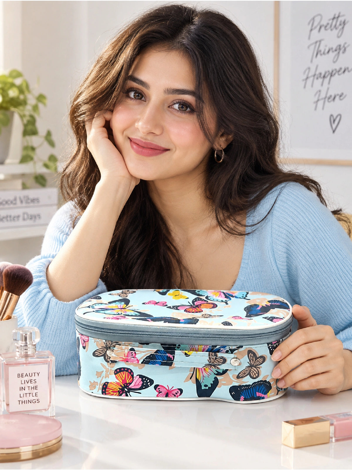 Butterfly Print Cosmetic Pouch – Blue Makeup Bag
