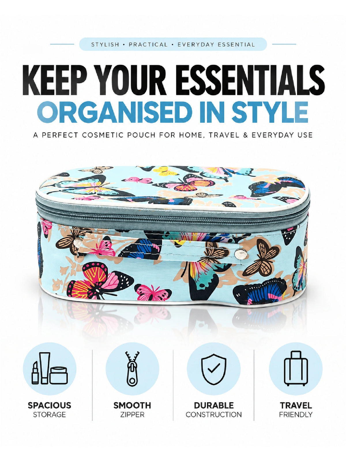 Butterfly Print Cosmetic Pouch – Blue Makeup Bag
