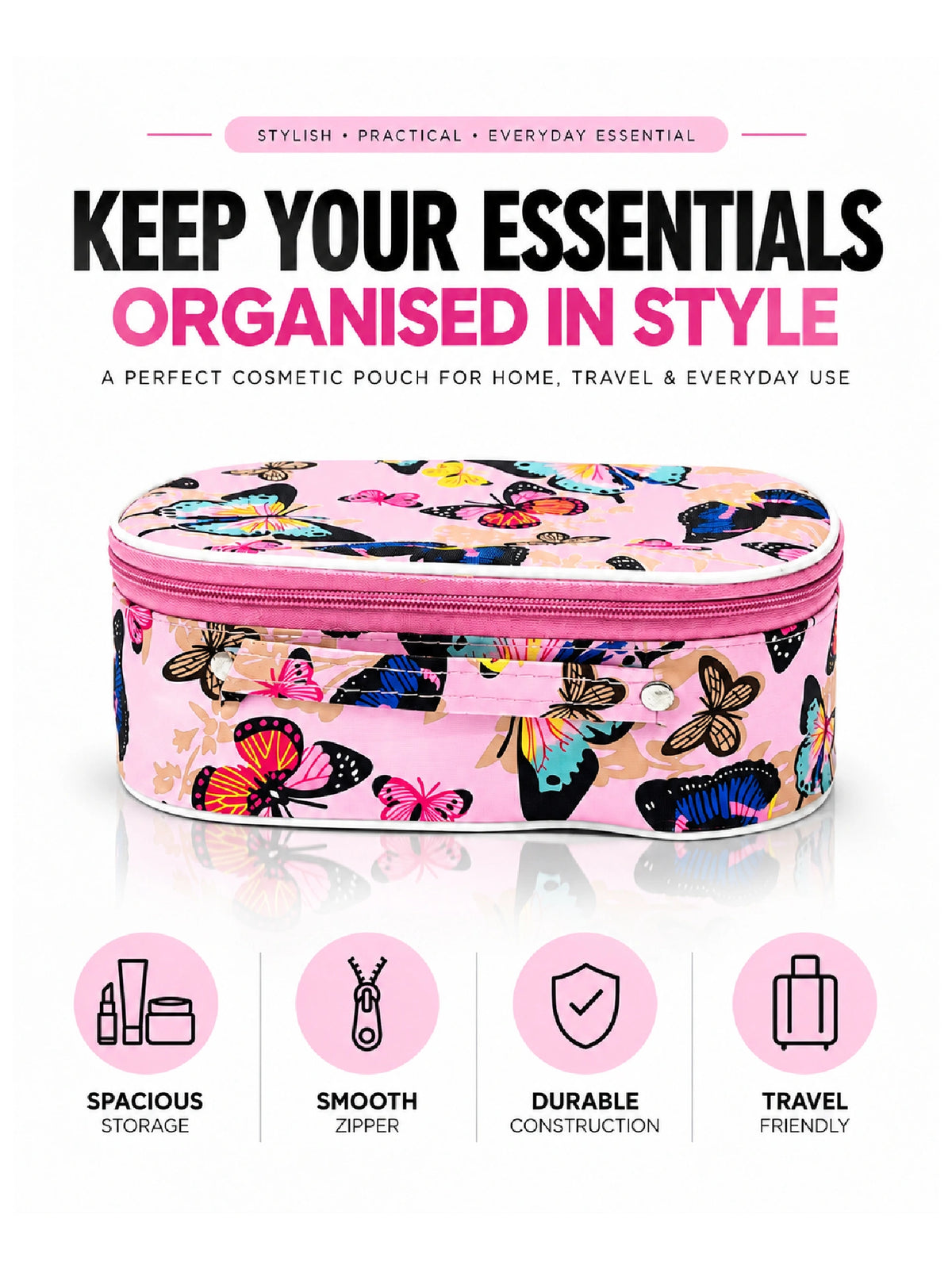 Butterfly Print Cosmetic Pouch – Pink Makeup Bag